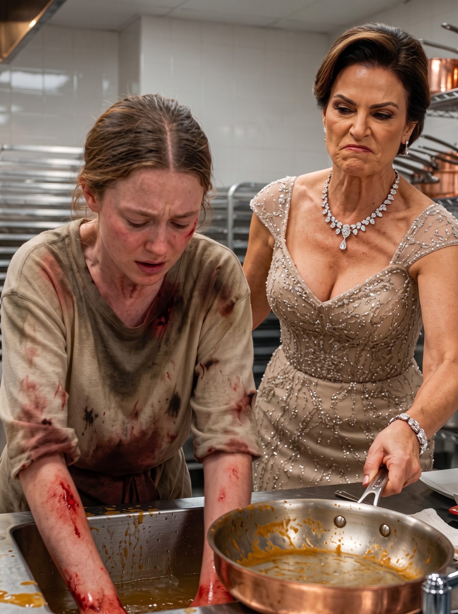 Montoro penthouse, Delia forced Sofia to scrub grease-covered cookware until her hands were painfully red.