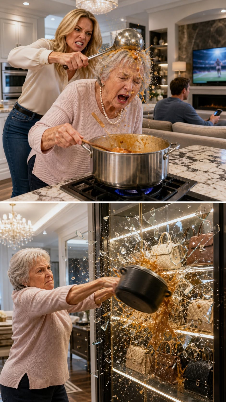 "I WAS STIRRING THE SOUP WHEN MY DAUGHTER-IN-LAW SLAMMED THE LADLE ON MY HEAD. “WHO COOKS LIKE THAT, USELESS WOMAN?!” SHE YELLED. MY SON JUST TURNED UP THE TV, PRETENDING NOT TO HEAR. FIVE MINUTES LATER, A LOUD CRASH SHOOK THE KITCHEN. HE RAN IN—AND FROZE AT WHAT I’D DONE.