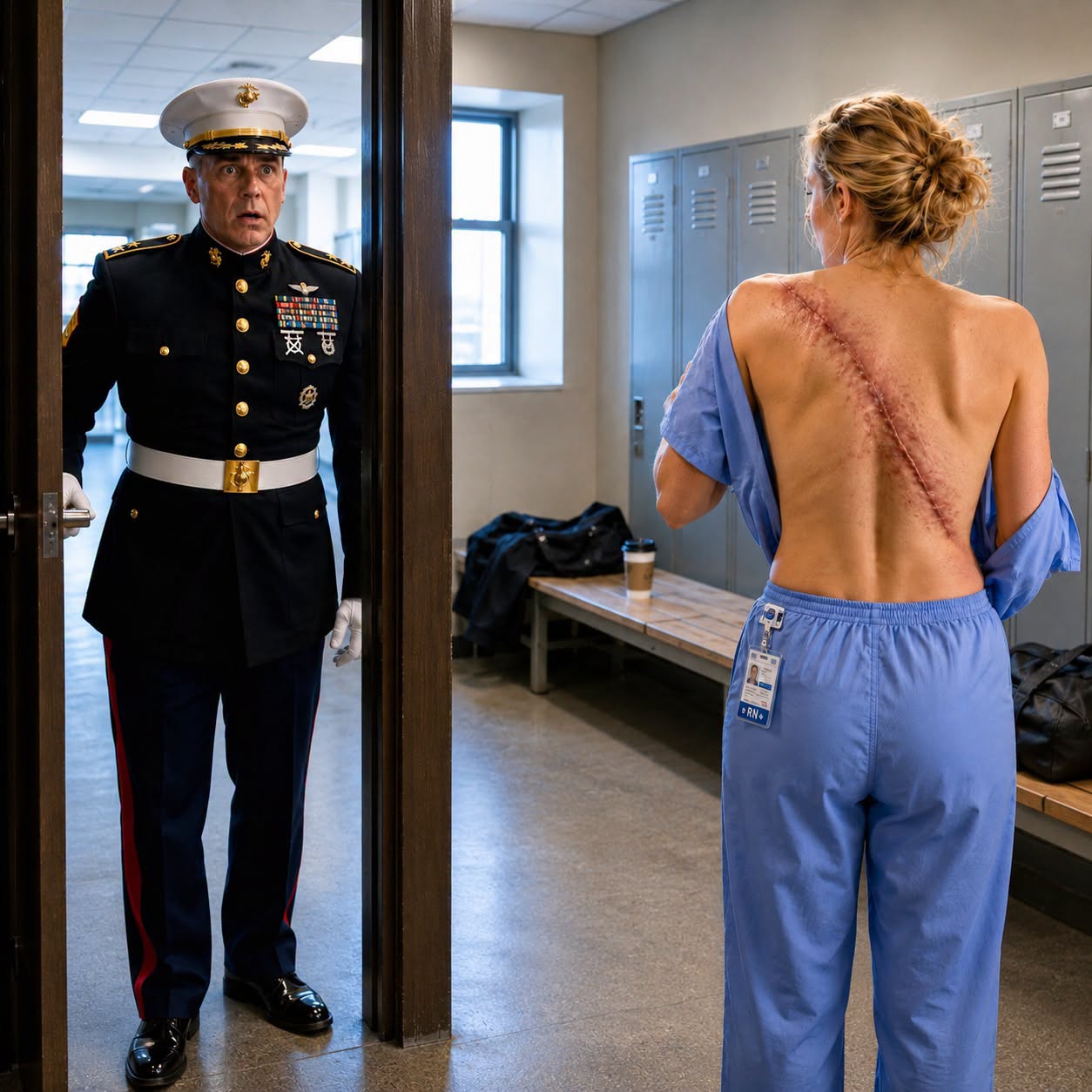 I opened the supply-room door by mistake and froze as the nurse changed her uniform, revealing a massive burn scar across her back. I had seen that exact wound described in a classified report—the unknown medic who shielded six Marines from an explosion and carried them to safety. “You were the hero they erased,” I whispered. By sunrise, I exposed the officers who stole her medals, and watched them stripped of rank before the entire base.  The door swung open, and the scar across Lieutenant Mara Vance’s back stopped me colder than incoming fire. It was not merely a burn; it was a map of sacrifice I had seen buried inside a classified casualty report that officially claimed no woman had been present.