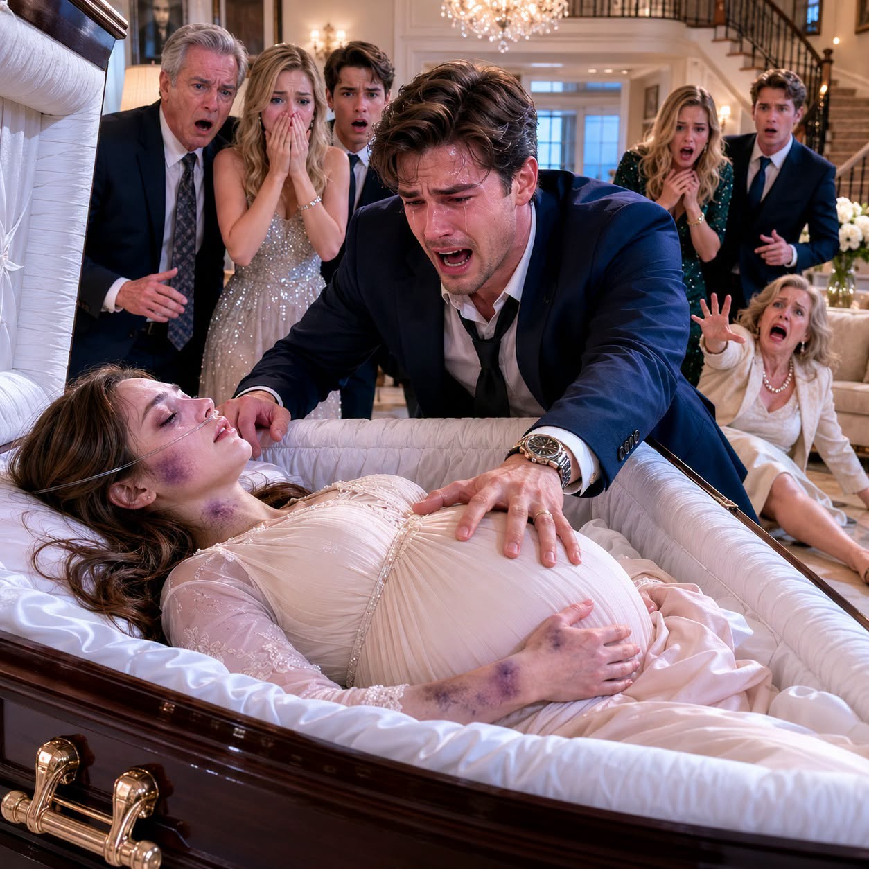 I returned from the UAE longing to embrace my nine-month pregnant wife, but a coffin awaited me in the living room. “She died in childbirth,” my mother said coldly. Trembling, I lifted the coffin lid—and saw movement under my wife’s belly. “Call a doctor immediately!” I roared. Hours later, my wife woke up and exposed my mother’s plot to seize the inheritance. By dawn, my mother was handcuffed… The coffin was waiting in my living room before I had even set down my suitcase. My mother stood beside it in black silk, dry-eyed and calm, while my nine-month-pregnant wife lay inside beneath a white funeral cloth.