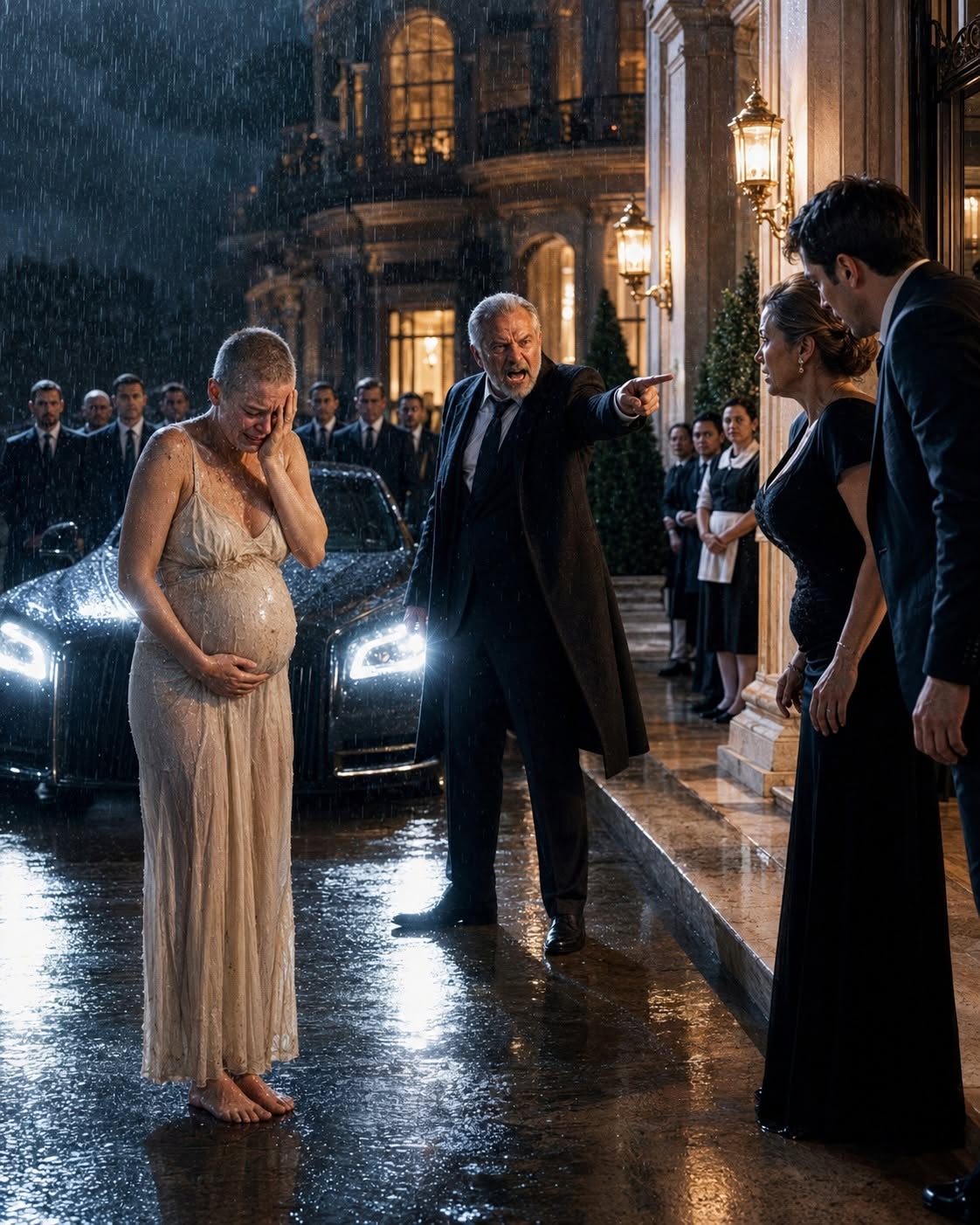 My mafia mother-in-law shaved my hair almost to the scalp and threw me into the freezing rain while I was eight months pregnant. Standing under the mansion’s lights, she said, “A girl from Queens will never carry the Kane heir.” Everyone watched in silence, believing Roman would choose his bloodline—until he stepped out of a black sedan, saw me barefoot with both hands wrapped around my belly, and ordered every gate locked.