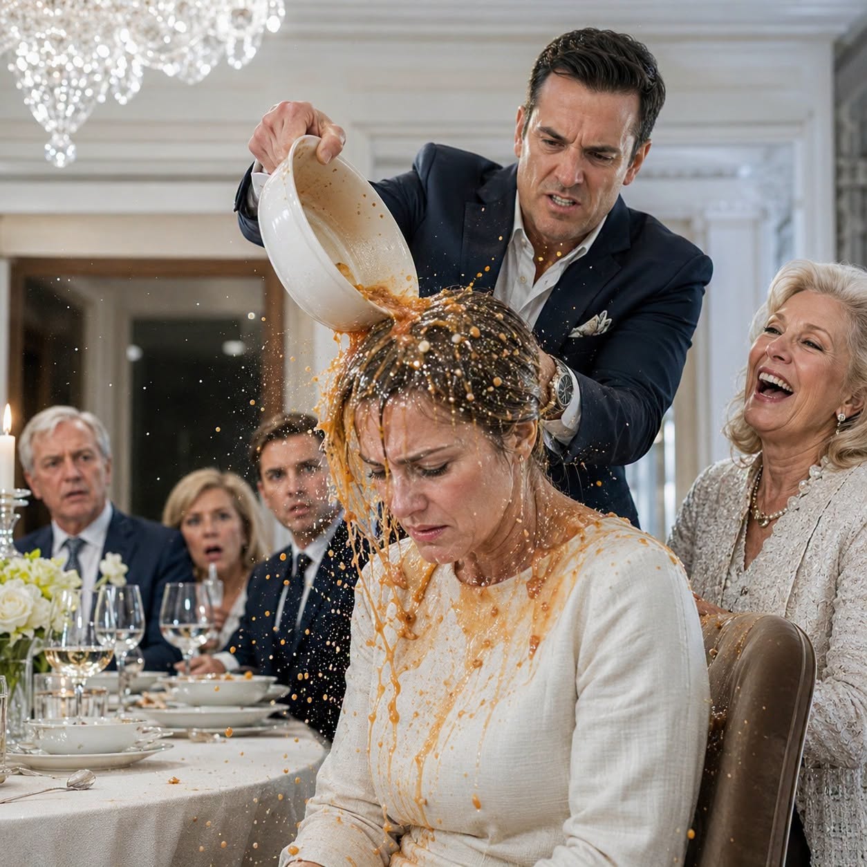 At the family dinner, my husband poured hot soup on my head while his mother laughed.. Then he said "You've got 10 minutes to get out." I wiped my face pulled some papers from my bag laid them on the table and said calmly "You're right." 10 minutes later...  The soup hit my scalp like liquid fire, and for one stunned second, the entire dining room went silent. Then my mother-in-law laughed.