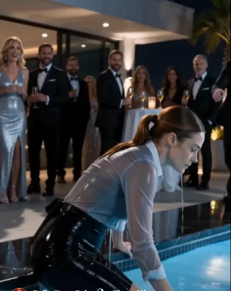 The waitress hit the rooftop pool so hard the champagne tray shattered across the marble