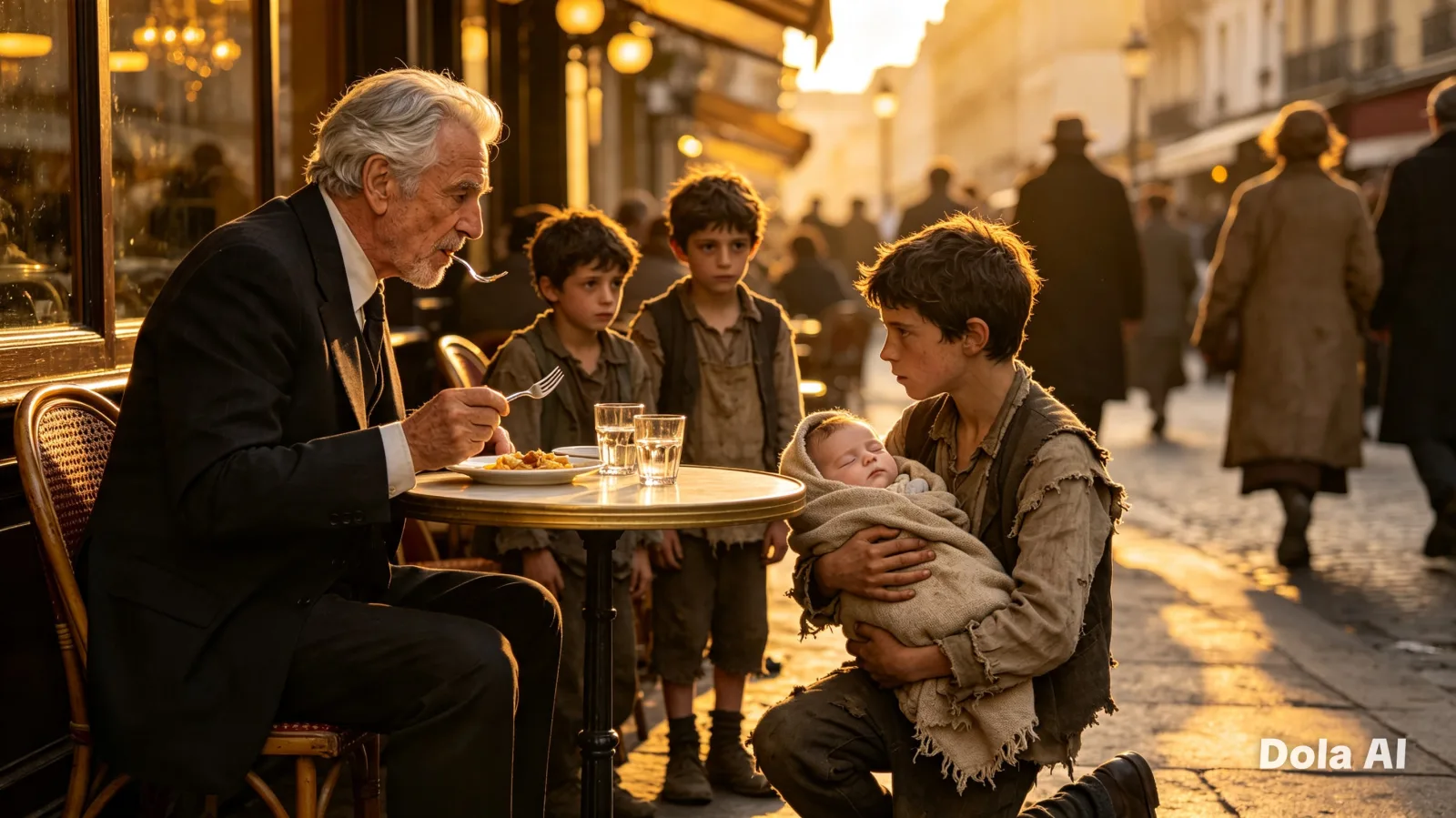 The old man was halfway through his meal when the boy dropped to his knees in front of him.