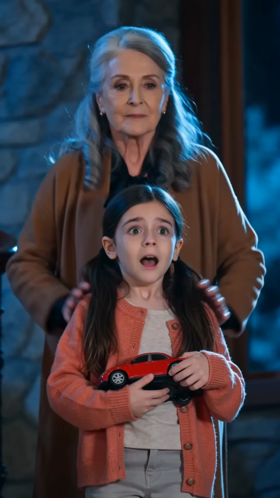 My daughter whispered, “Grandma pushed Mom down the stairs too”—and before I could ask another question, the woman in blue reached for her again.