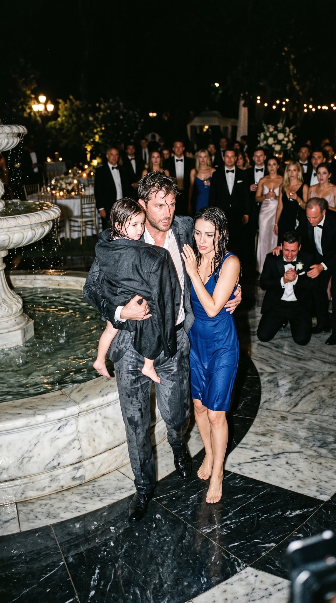 My father shoved me and my four-year-old daughter into my sister’s wedding fountain while the guests laughed—but two minutes later, the groom saw the man walking through the gates and dropped his champagne glass.