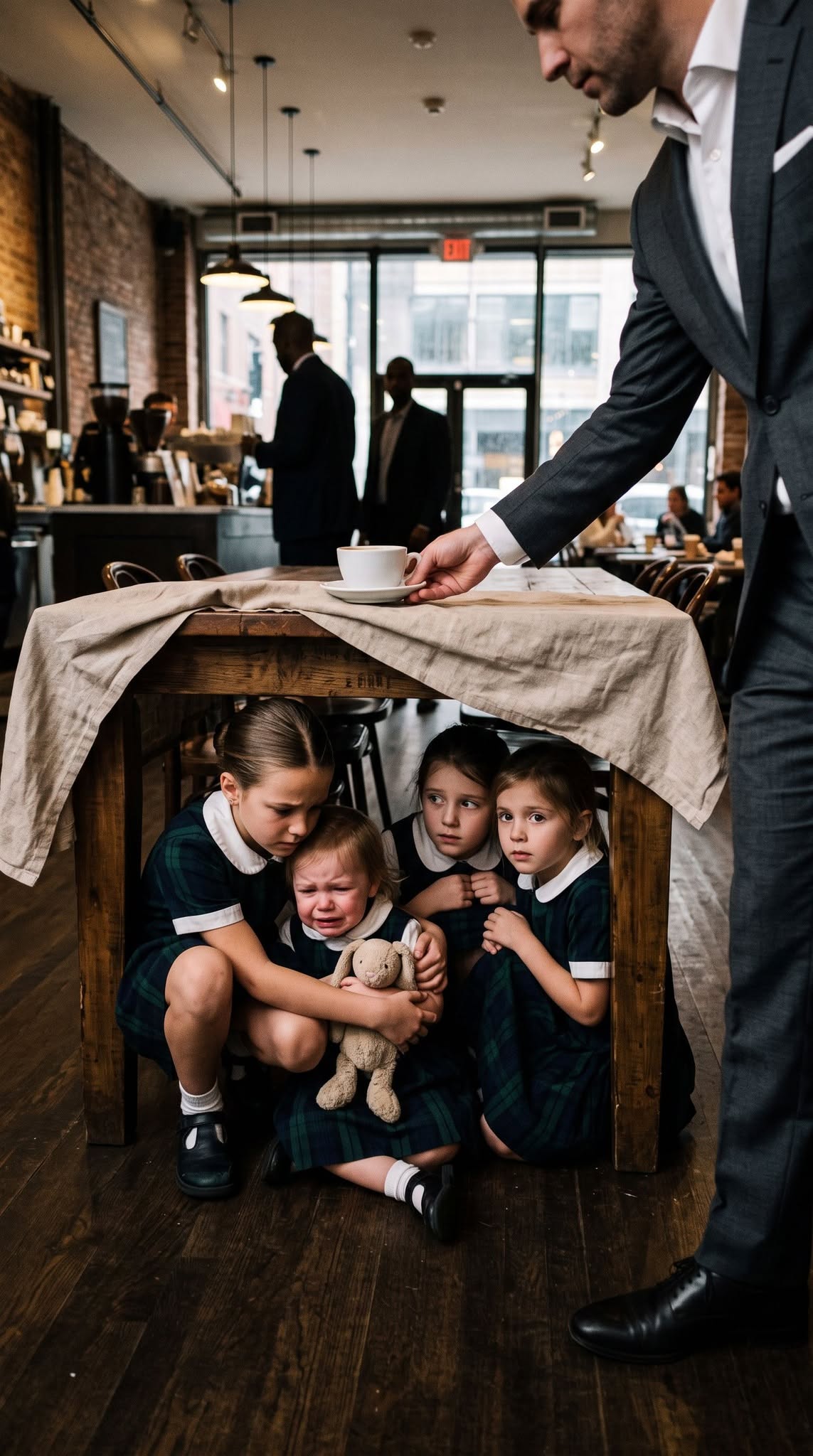 Four terrified little girls crawled under my table and begged, “Please pretend you’re our dad”—but the next day, they handed me their dead father’s old book, and the THREE hidden pages inside revealed why powerful men had been hunting their family for years…