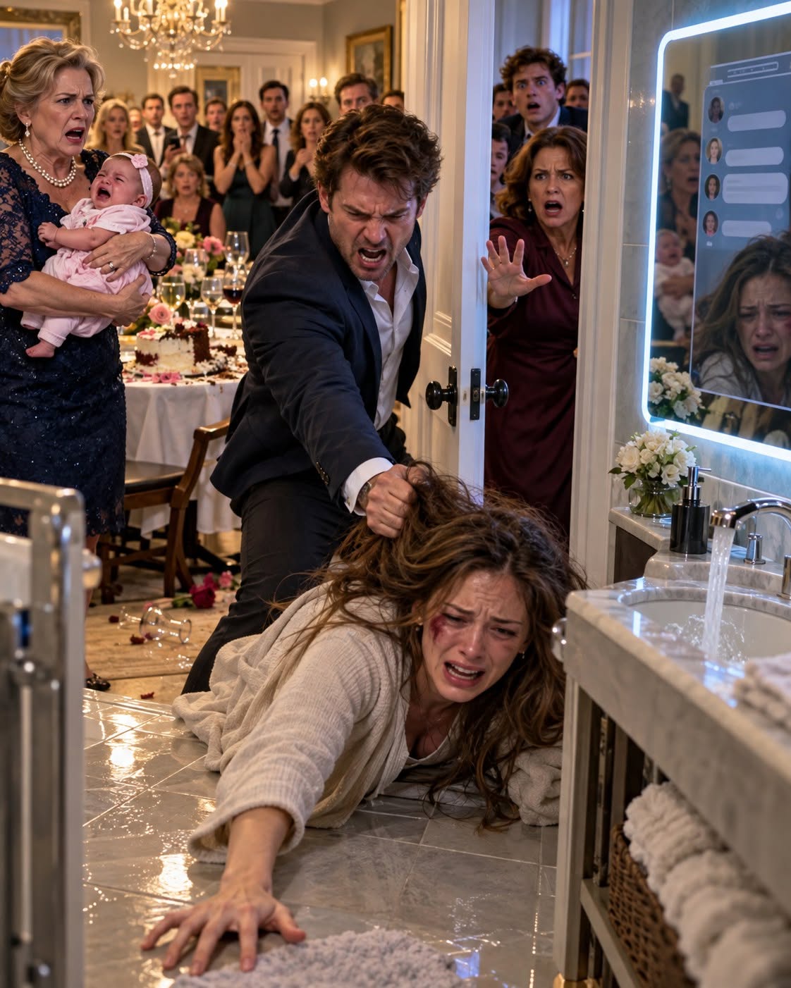 My husband dragged me off the toilet by my hair in front of forty relatives while his mother held my screaming newborn—but when I locked us in the bathroom, the smart mirror exposed what they were planning to do to me on Monday.