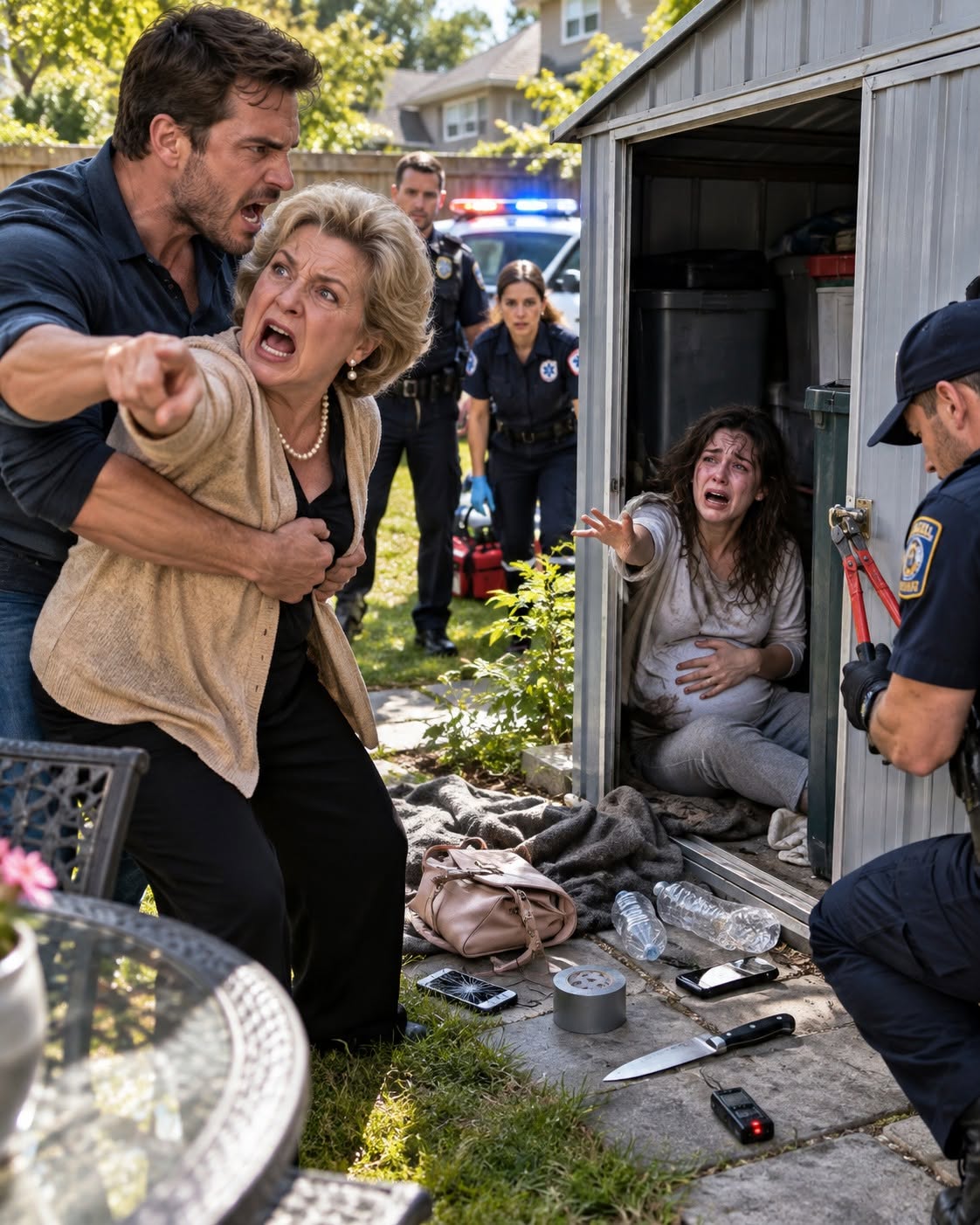 I came home from a business trip two days early and found my four-months-pregnant wife padlocked inside our backyard shed—then my mother calmly said, “I was teaching her a lesson,” but what police found after cutting the lock made her stop smiling.