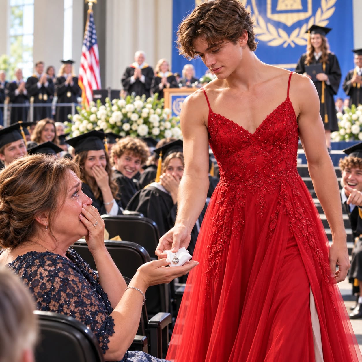 My son wore a bright red dress to graduation while hundreds of people laughed—then he placed a tiny silver charm in my hand and whispered, “Mom, this is who the dress belonged to.”