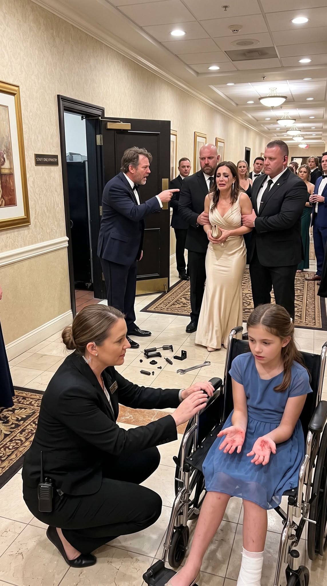 My dad’s fiancée shoved my wheelchair into a dark pantry and REMOVED THE BRAKES because my cast would “ruin” her engagement photos—then the flower girl found the missing parts beside a wrench, and one question from the photographer ended the wedding before it began…