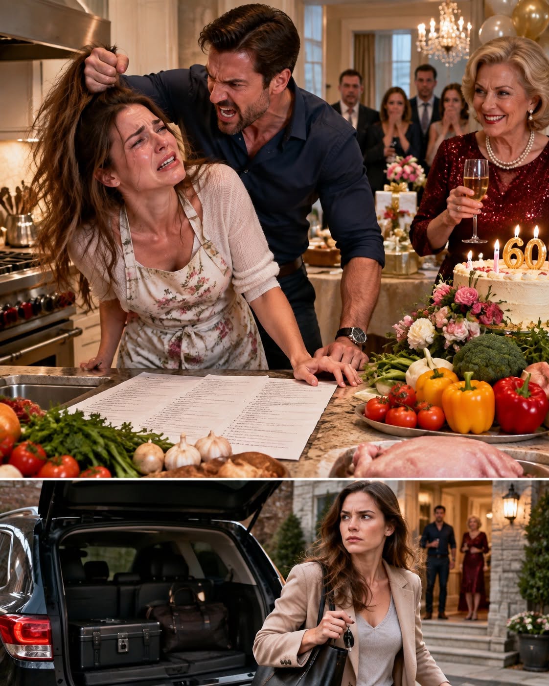 For my MIL’s 60th birthday, she ordered me to cook 60 dishes—and when my husband dragged me into the kitchen by my hair, I smiled, grabbed my car keys, and made one “grocery run” that destroyed their entire celebration.