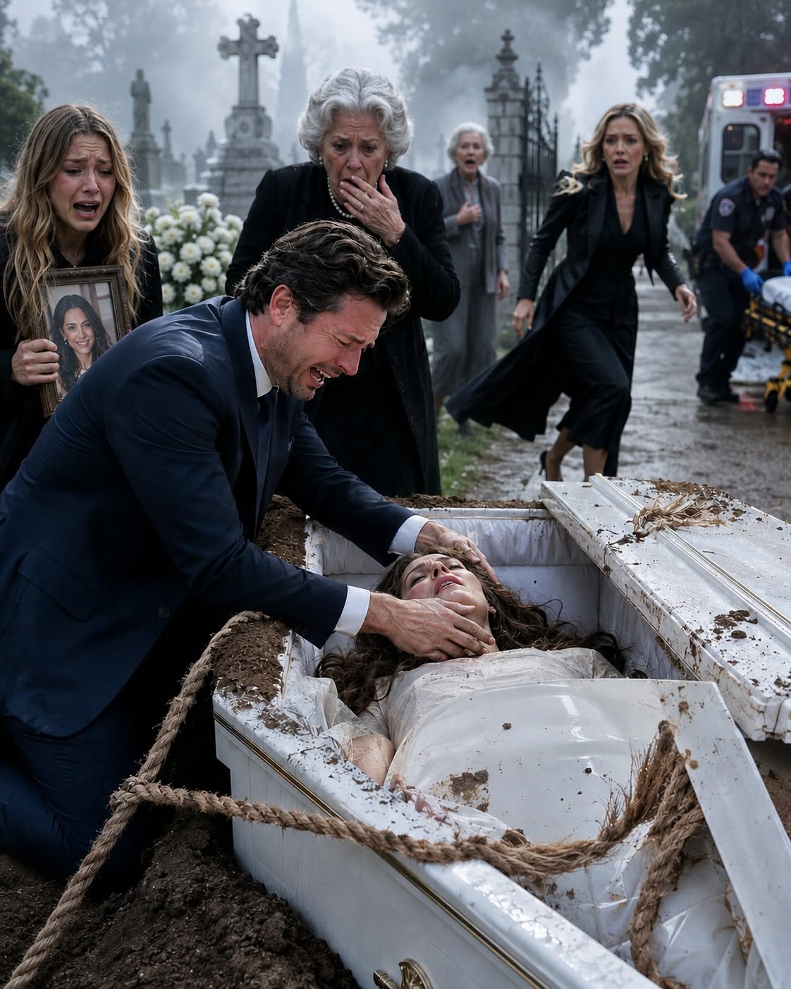 My wife’s coffin was already sinking into the ground when a burial strap snapped and the lid flew open. Seconds later, I saw something that should have been impossible, but what terrified me even more was my mother whispering, “Cover her with dirt now. Don’t look inside.”