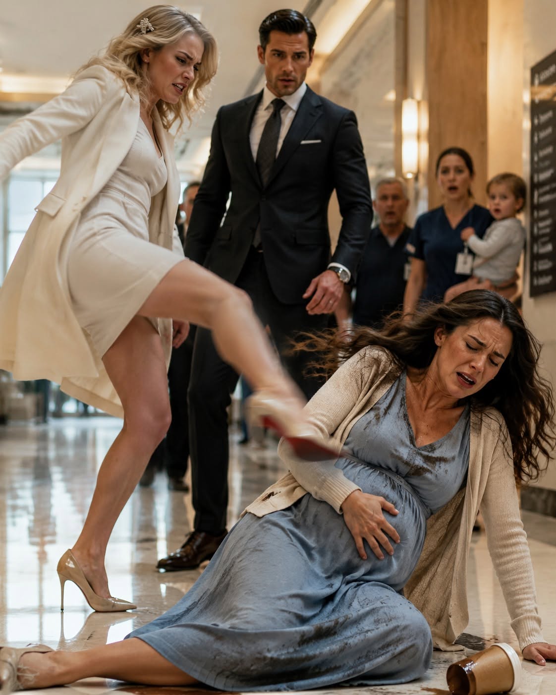I never imagined I would end up on the cold marble floor of a hospital hallway, eight months pregnant, after my husband’s mistress kicked me and my billionaire husband simply watched. “Don’t make this dramatic, Tessa,” he said as strangers stared, and that was the moment I realized I had never known the man I married.