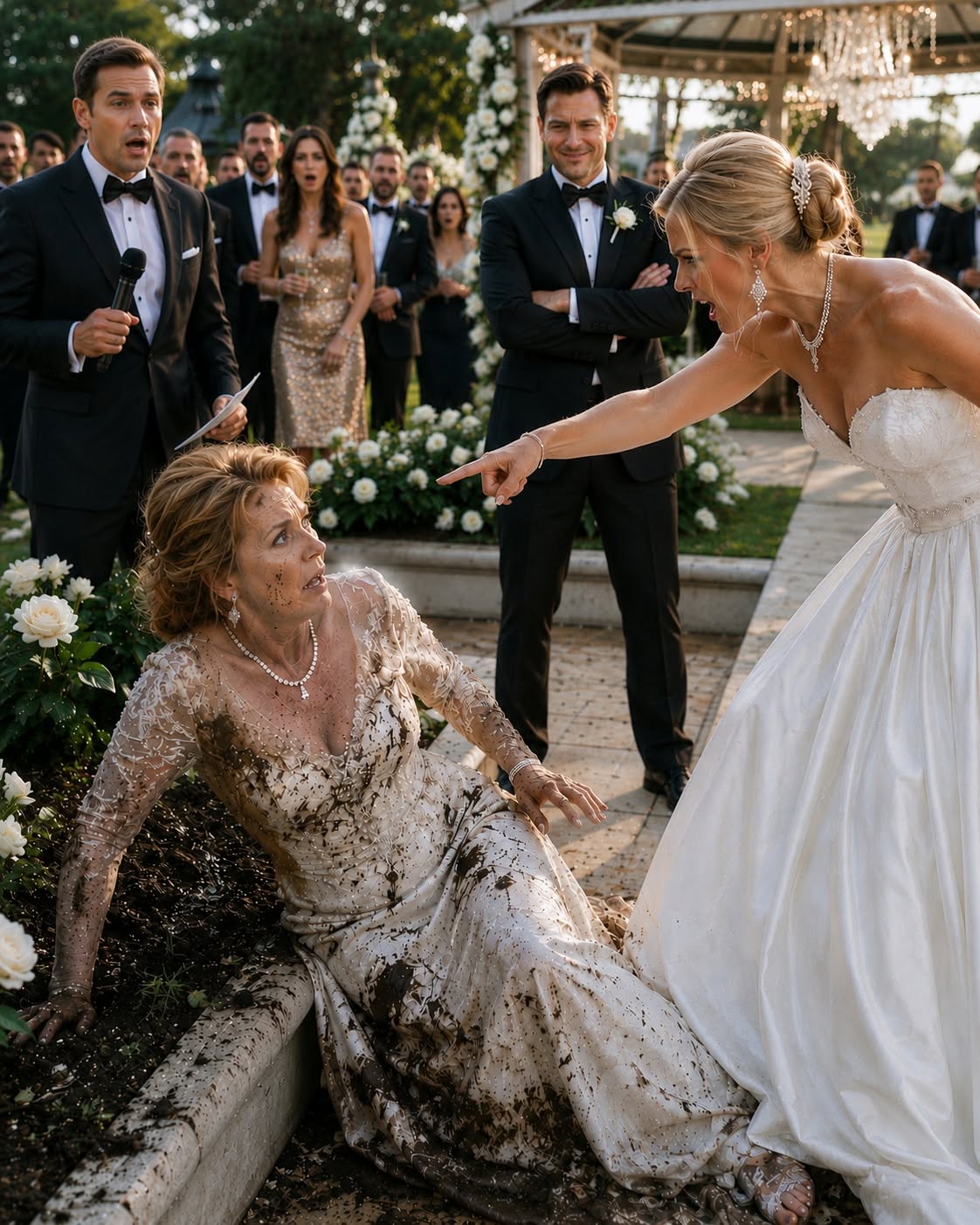 My son stood there with his arm wrapped around his new bride after she shoved my wife face-first into the mud in front of two hundred stunned wedding guests... then he leaned in and whispered, "Now she knows her place." They thought humiliating Catherine would force her to hand over the company, but they had no idea my attorney was already walking toward the terrace carrying security footage and a sealed board resolution that would change everything.