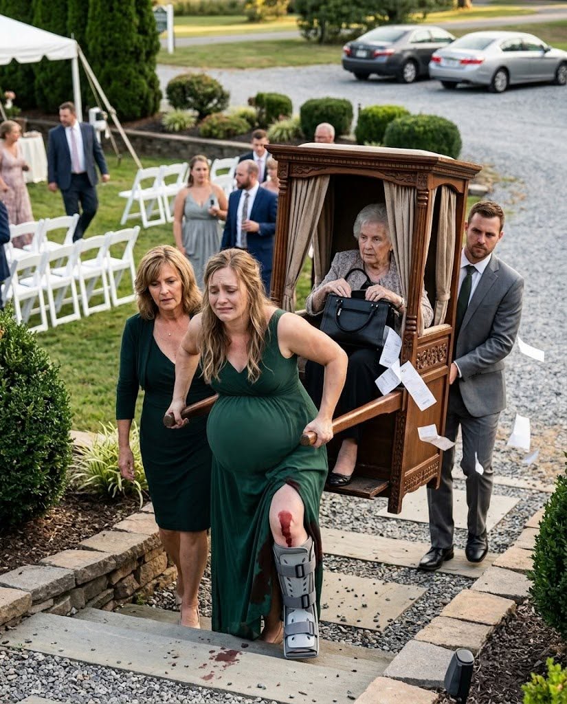 My husband forced me to carry his mother uphill in a sedan chair while I was seven months pregnant and wearing a brace on one leg. My own mother walked beside us, repeating that I could rest after agreeing to end the pregnancy. Blood soaked the brace before we reached the wedding garden. Then my mother-in-law’s handbag fell open, scattering four different clinic receipts…