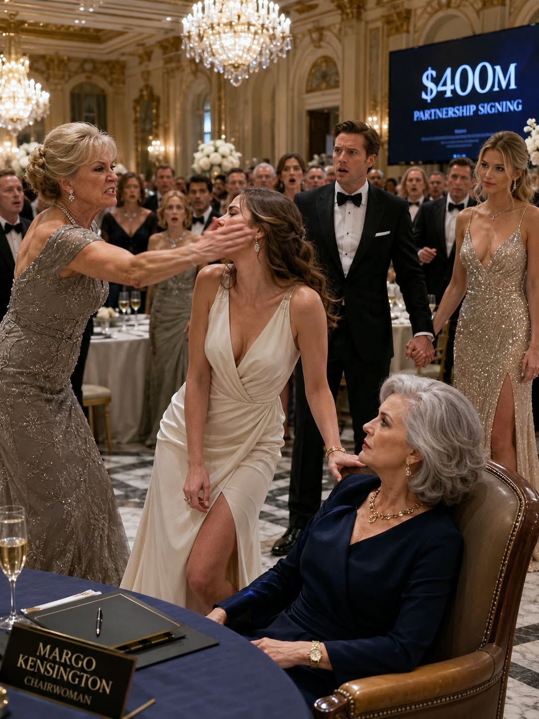 At the $400m signing gala, my husband proudly held his mistress’s hand and introduced her as “the woman I was meant to be with.” When I confronted him, my mother-in-law slapped me in front of hundreds and screamed, “Get out of this family, you useless nobody!” I didn’t cry. I removed my ring and walked straight to the billionaire chairwoman of the partner company. Leaning closer, I whispered, “Mom.” The entire ballroom froze when she looked at me and said, “Terminate every contract. Bankrupt them!"