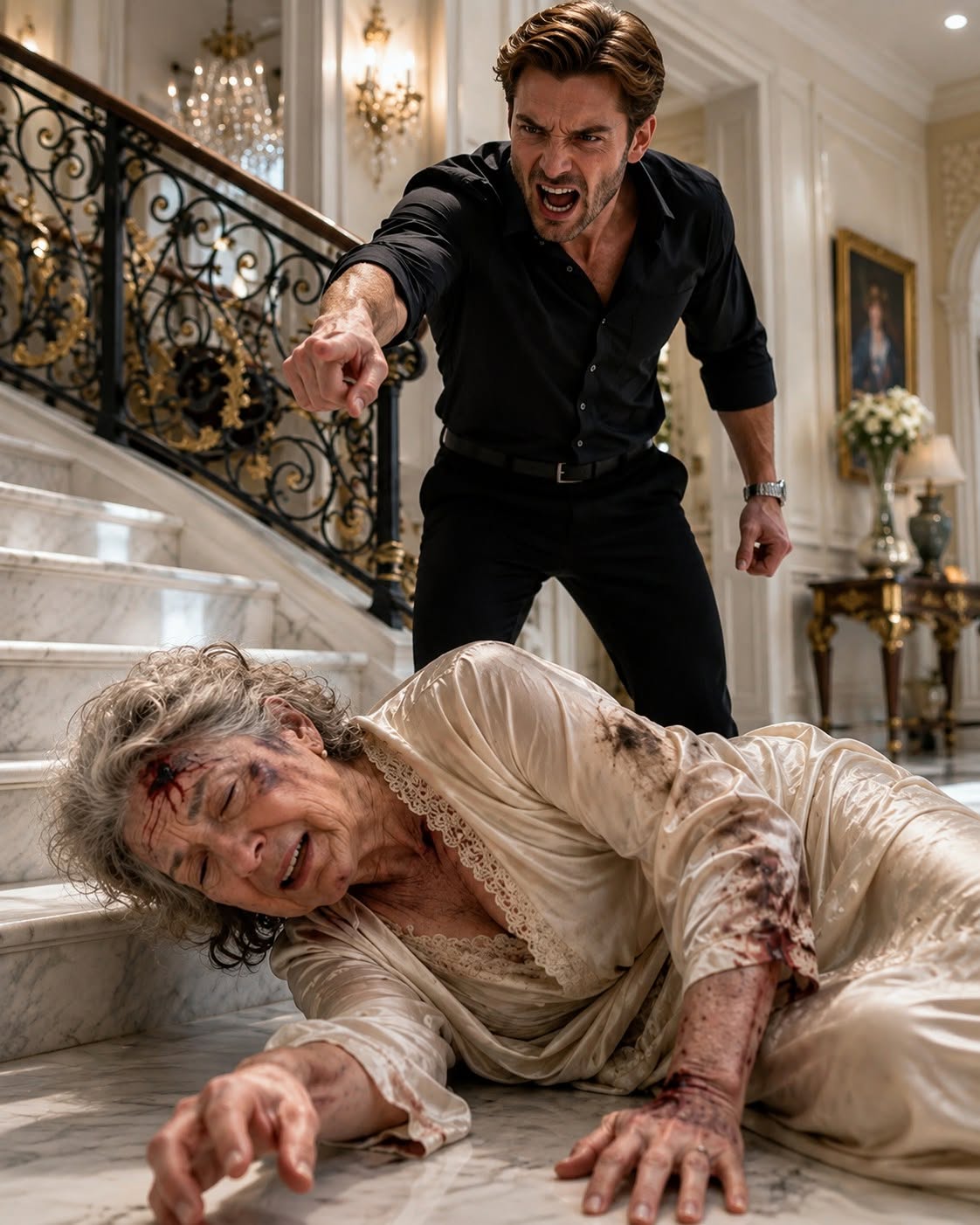My son shoved me down twelve marble stairs because I refused to pay his gambling debts—then returned the next evening expecting a prime-rib dinner and a $200,000 check. But when he entered my dining room, three estate attorneys were waiting to erase him from my will while evidence of his crimes sat beside his plate.