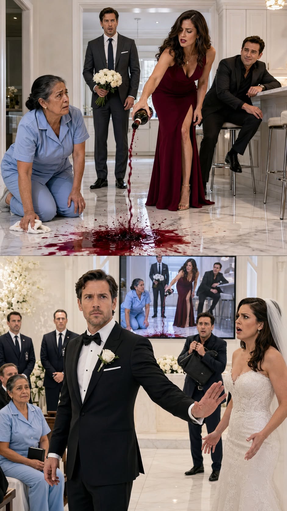 I came home early with roses and found Celeste pouring wine across the floor while Inés scrubbed on her knees. “Do it again—that’s what we pay you for,” my fiancée sneered. I said nothing. I spoke to every employee alone, and Inés handed me a tiny black notebook. At the altar, when Celeste whispered, “Say I do,” I opened it—and gave her the answer she never expected...