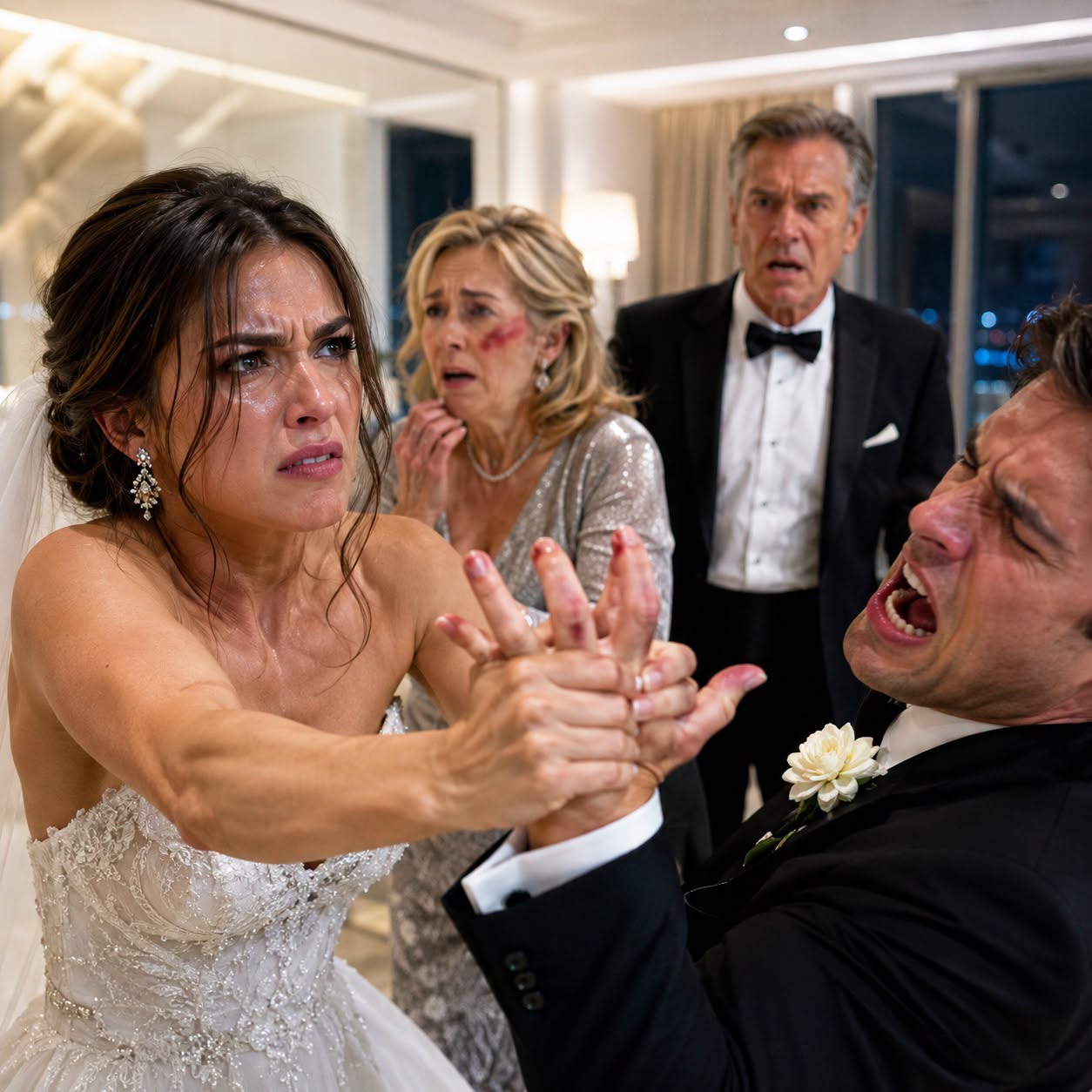 On my wedding night, I watched my father-in-law strike my mother-in-law across the face. I rushed forward, but my husband slapped me hard and hissed, “Stay out of my family’s business.” I stared at him, grabbed his hand, and broke three of his fingers before taking his mother to the hospital the next morning. “They paid for that mistake,” I said quietly… but what I did afterward was far worse.