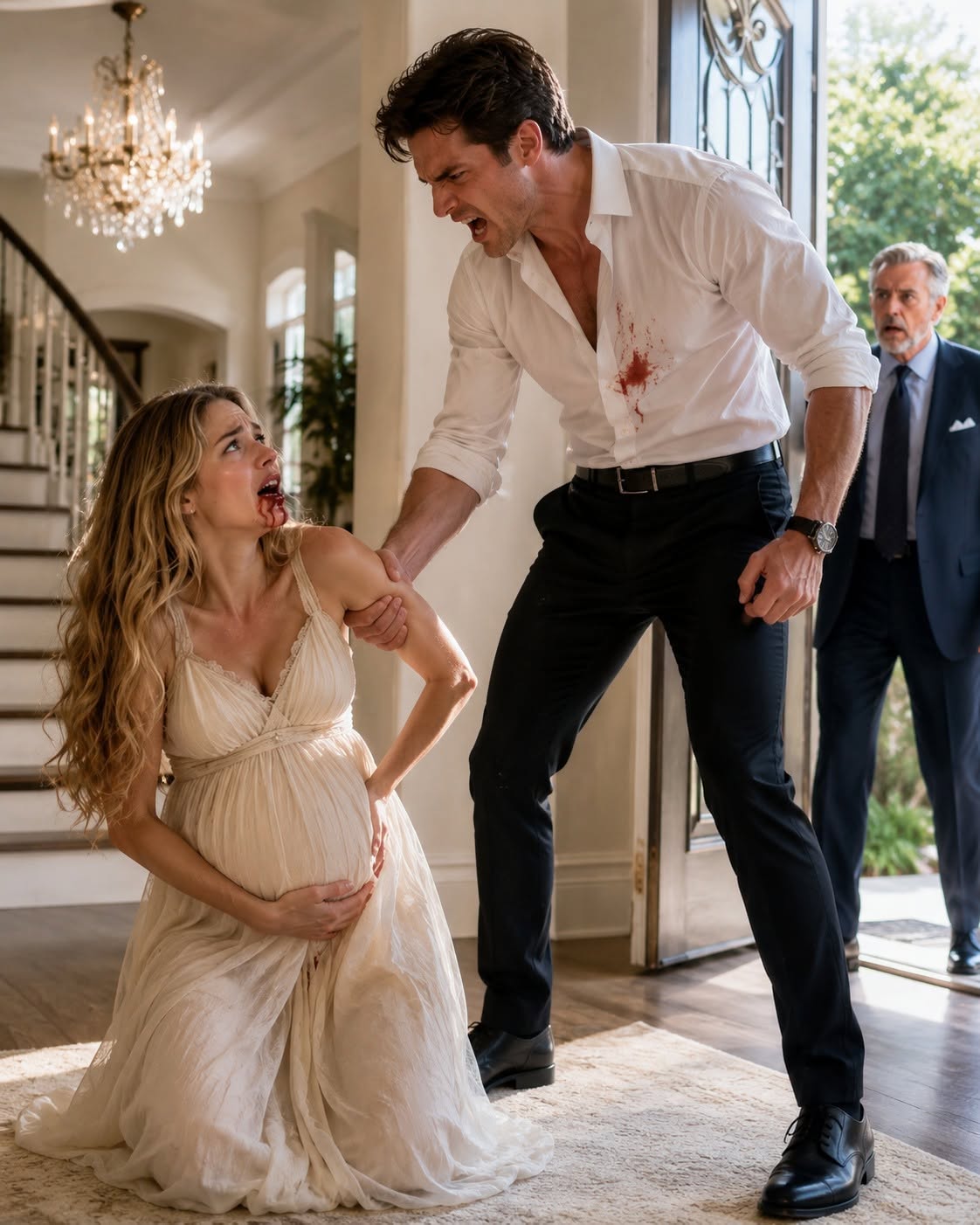 "My six-month-pregnant belly was pressed against my terrified little girl when my husband’s fist smashed into my mouth and broke my front tooth. Then, just three seconds later, someone knocked at the door, and when I heard my billionaire father call my name from outside, I realized one sentence from me could destroy my marriage forever.