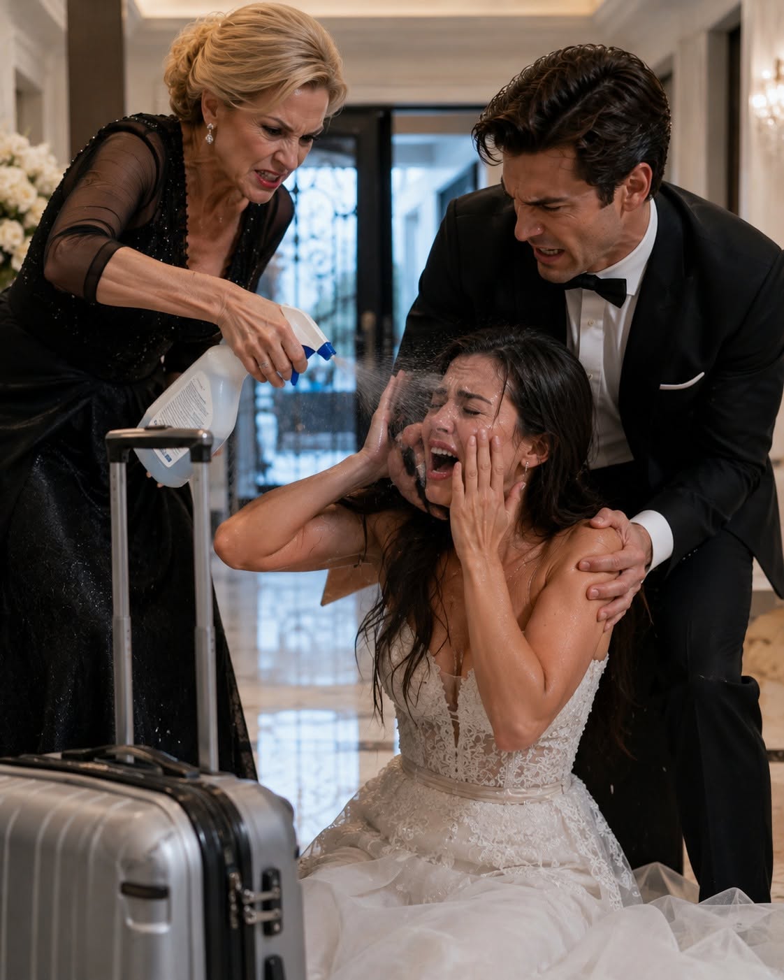My mother-in-law sprayed disinfectant straight into my eyes the day after my wedding, and my husband actually held me still while she did it. They thought they were humiliating a penniless nobody, until my parents quietly asked for the security footage and the Cross family discovered exactly whose daughter they had nearly blinded.