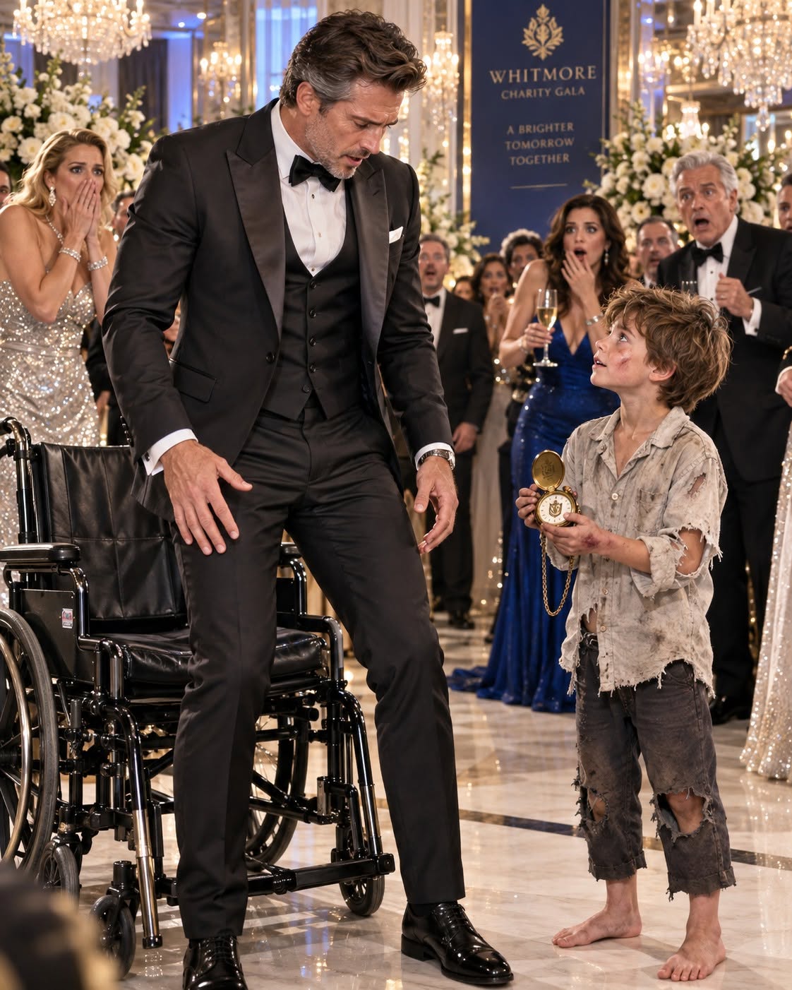 A barefoot boy walked into Manhattan’s most exclusive charity gala, placed his bruised hands on my paralyzed legs, and did what the best doctors money could buy had failed to do. The wealthy guests laughed at him until I stood from my wheelchair, but the real shock came when I saw the antique watch clutched in his hand.