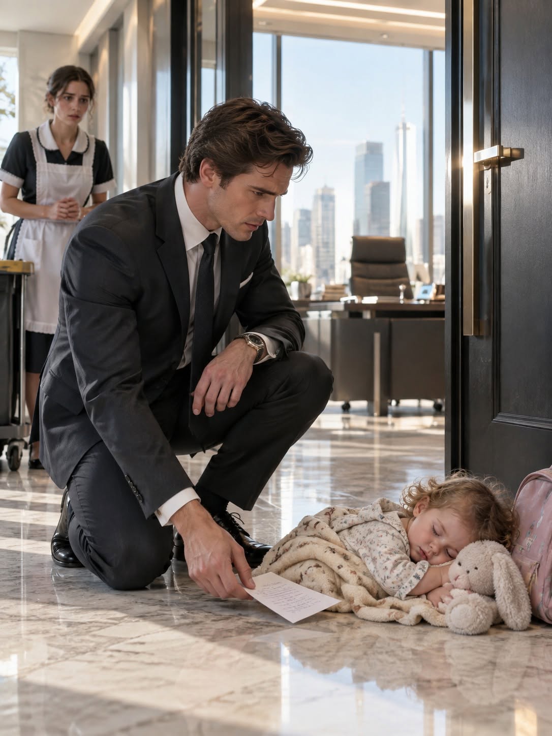 The Billionaire Found His Maid’s Toddler Sleeping Outside His Office—Then He Read Her Note