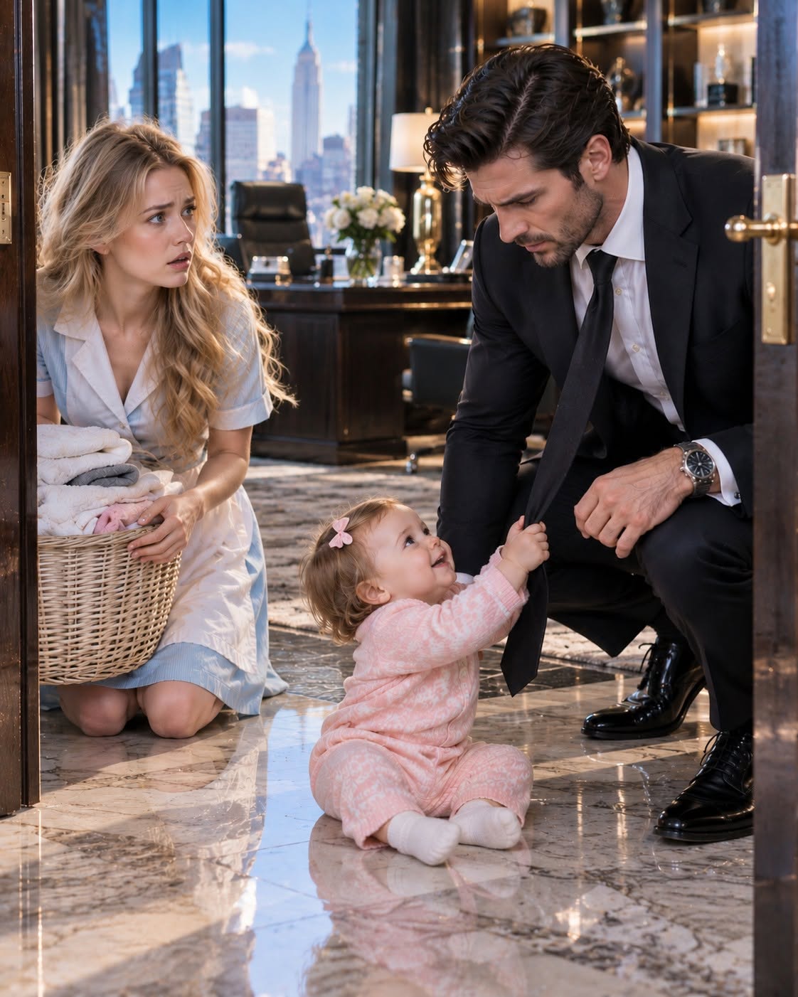 She hid her baby inside the billionaire’s penthouse for three months—until he found the little girl holding his tie and asked one question that exposed everything.