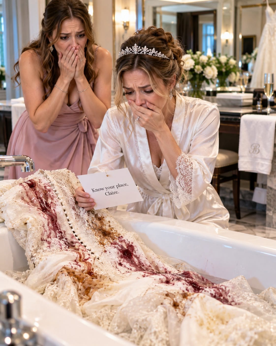 Three hours before I was supposed to marry the man I loved, I found my late mother’s wedding dress destroyed with red wine, coffee, and bleach, with a card from my future mother-in-law pinned straight through the lace: “Know your place, Claire.” My sister begged me to cancel everything, but instead I checked the hidden camera in the bridal suite, and what I heard changed my decision completely. I bought a $240 dress, texted my fiancé four words, and walked toward an altar surrounded by 200 guests.