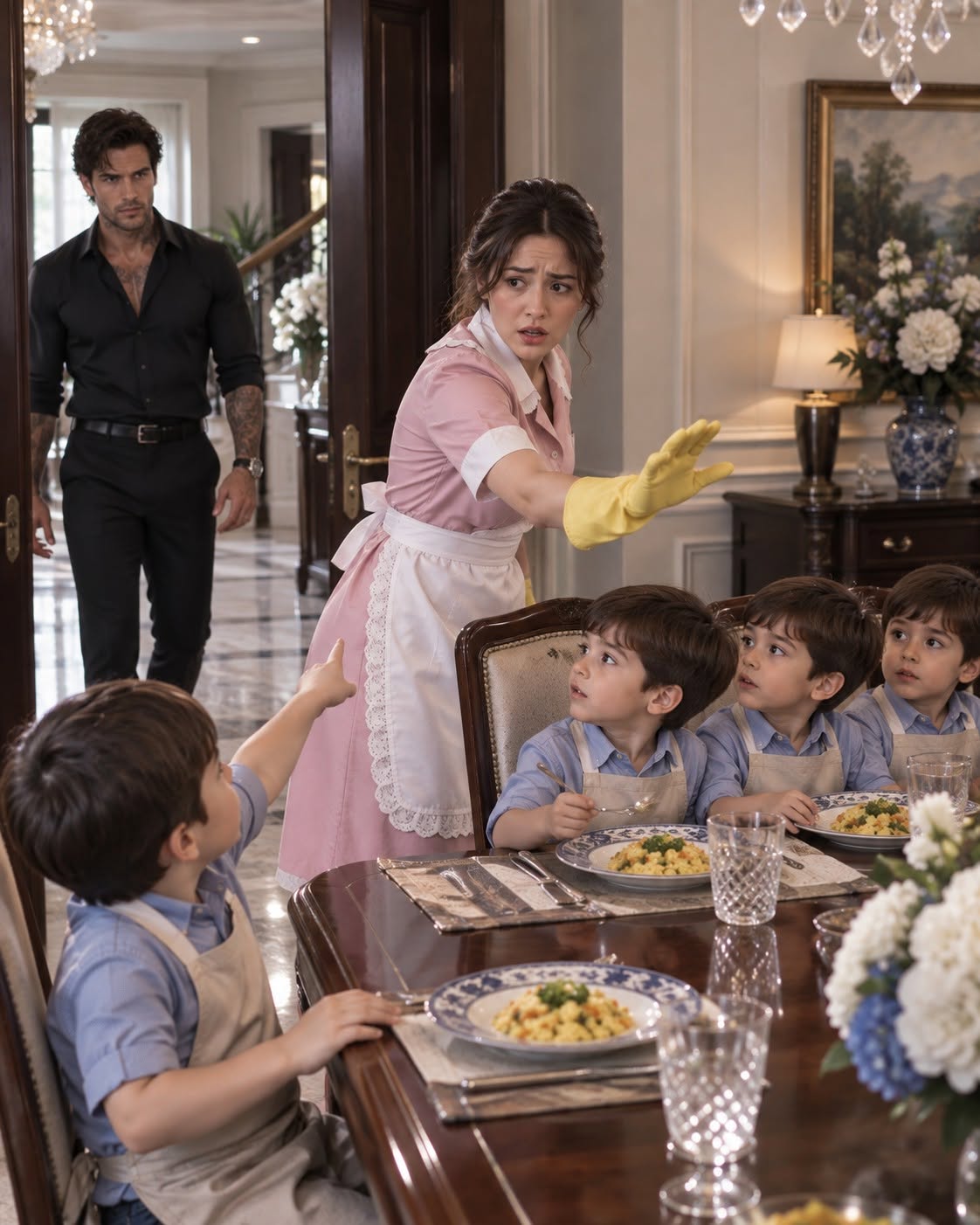 The most feared mafia boss in Chicago came home three hours early and found his housekeeper secretly feeding four identical little boys at the dining table no one had touched since his wife died. He was about to demand an explanation when one boy pointed at him and asked, “Elena, is that the man from the picture?” The spoon fell from her hand.