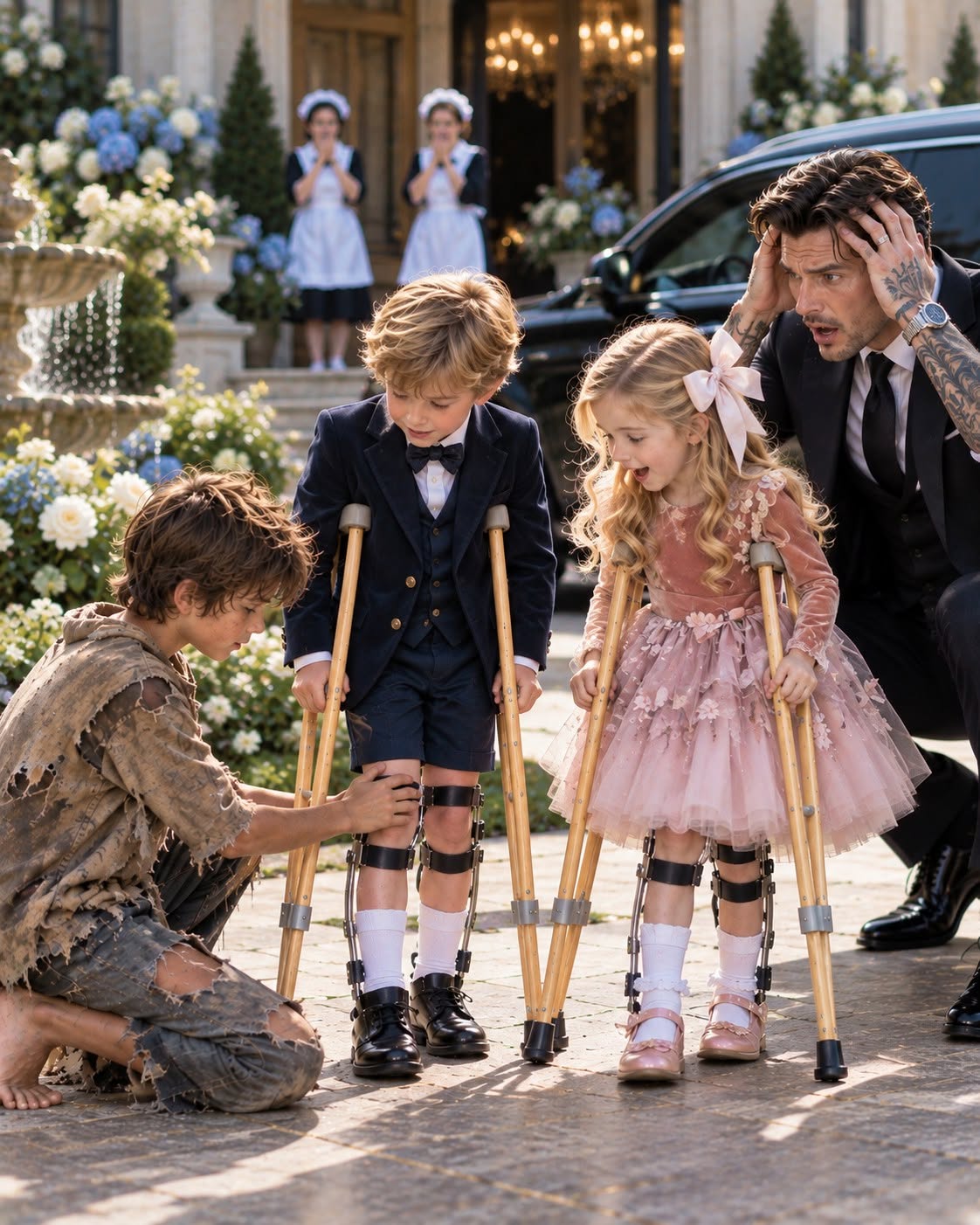 “Listen, kid. Heal my twins and I’ll adopt you.” I said it to the barefoot homeless boy as a cruel joke in front of three hundred wealthy guests. I was Richard Vale, the most powerful Mafia boss in America, a man who could make almost anything happen with one phone call, but when Noah calmly placed his hands on my children’s knees, my daughter suddenly whispered, “Daddy… I can feel it.”