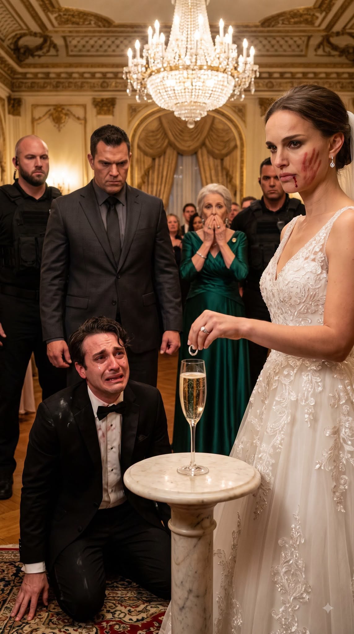 "Know your place, you ungrateful peasant!" my husband spat, striking me hard across the cheek right before we traded vows. His mother laughed, openly mocking my parents for standing in the aisle. But my tears vanished instantly. I pulled out my phone and whispered into the receiver: "Shut them all down." Within three minutes, the ballroom doors swung open, armed federal marshals marched in, and my arrogant groom turned pale as a ghost.