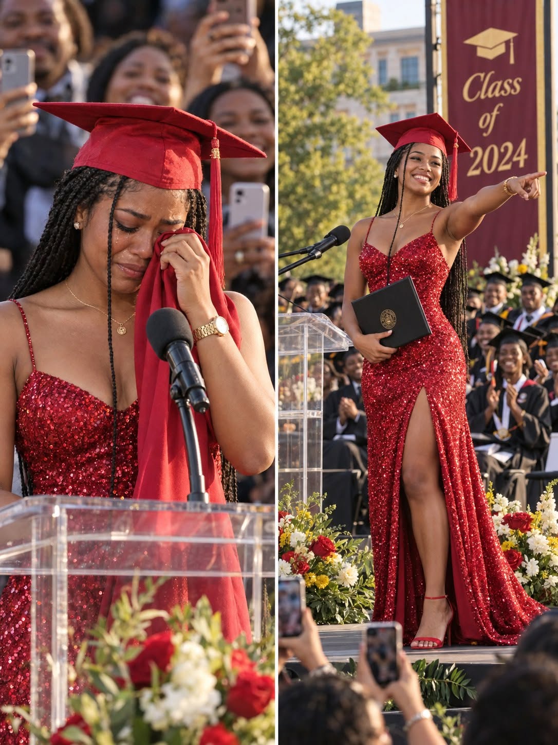 My son walked across the graduation stage wearing a bright red dress while hundreds of people laughed.