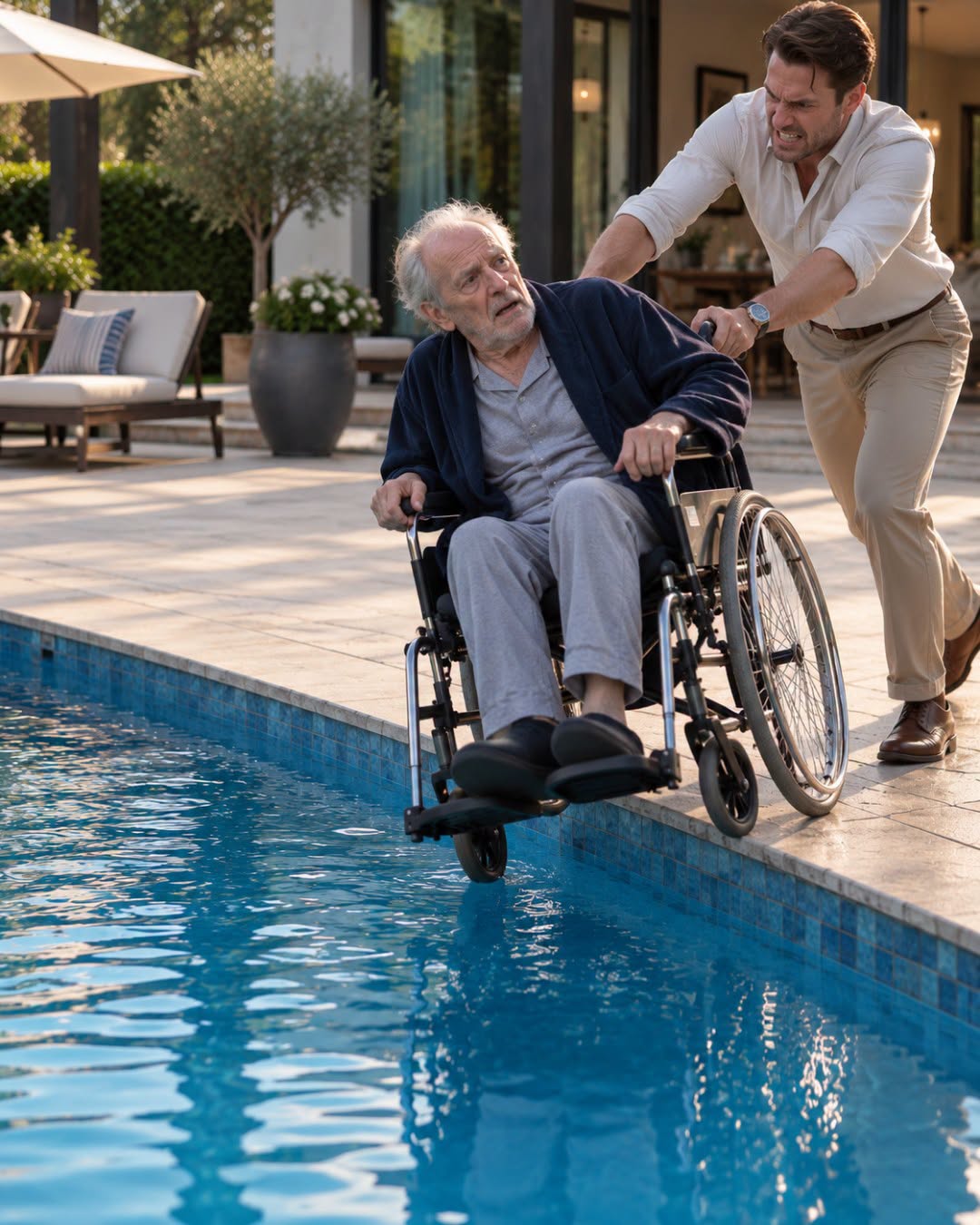 The Son Pushed His Paralyzed Father in a Wheelchair Straight Into the Pool, Hoping He Wouldn’t Be Able to Get Out So He Could Inherit All His Money and His Business—But the Son Could Never Have Imagined How This Cruel Act Would End. 😱