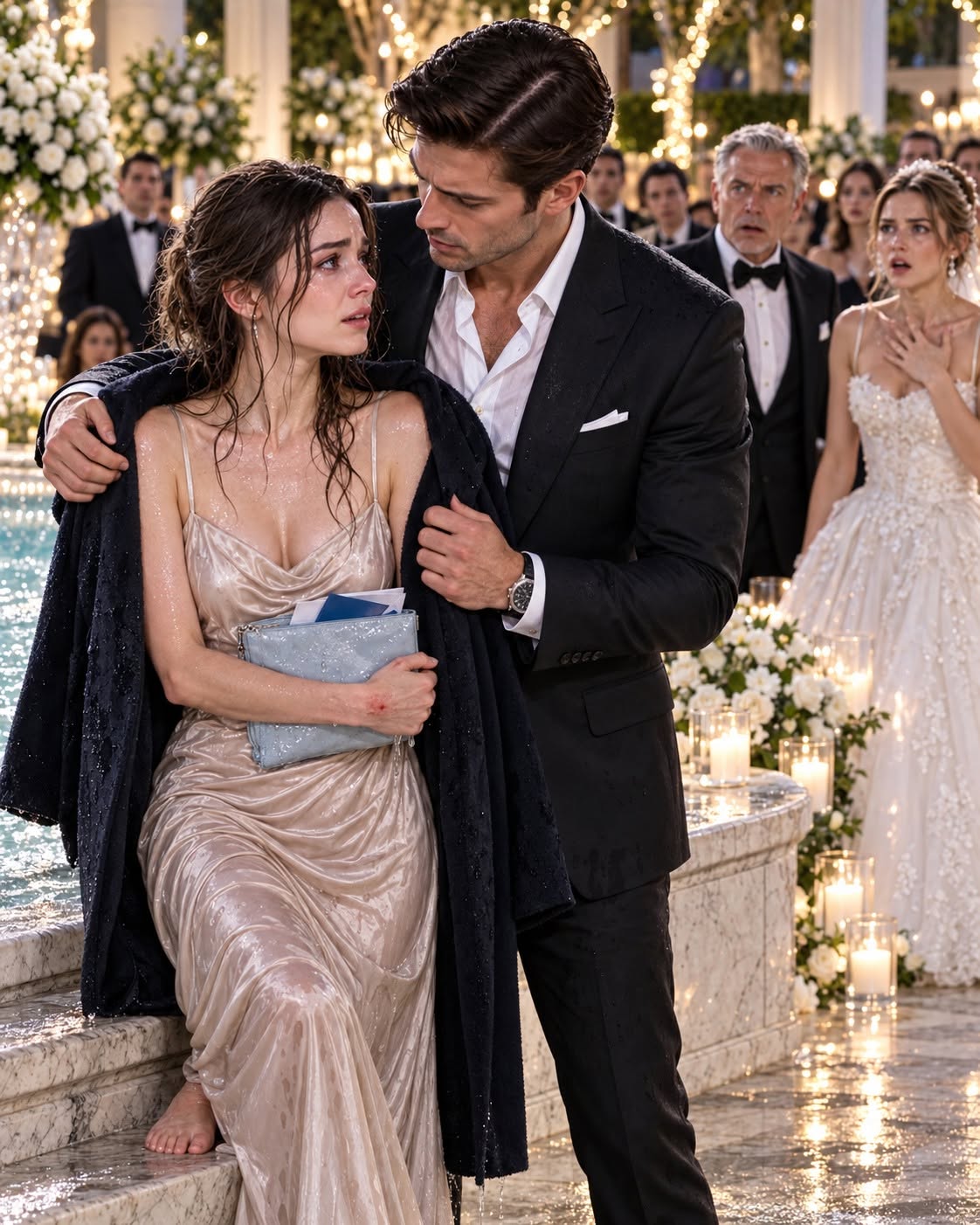 **My father threw me into a fountain at my sister’s wedding and laughed while everyone applauded—then my secret husband arrived, and one look at my soaked clutch made my father realize he had just destroyed his last chance to save his company.**