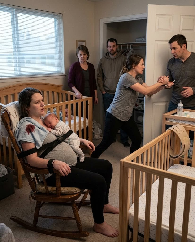 My husband strapped me to a rocking chair while pregnant because his mother wanted me to soothe his sister’s screaming twins for the entire night. His father removed my back brace, and his brother locked the nursery. Blood from my injured shoulder stained the baby blanket. At dawn, they brought in a third crib and said my own child would soon join the schedule.