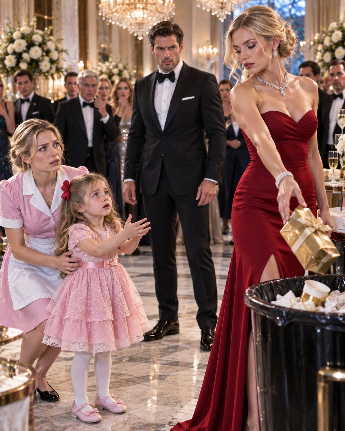 The moment my fiancée dropped a three-year-old girl’s birthday gift into the trash, the entire ballroom went silent. I had spent two years believing Sloane Mercer was elegant, generous, and worthy of sharing my name—but the look on that child’s face showed me exactly what kind of woman had been living in my house.