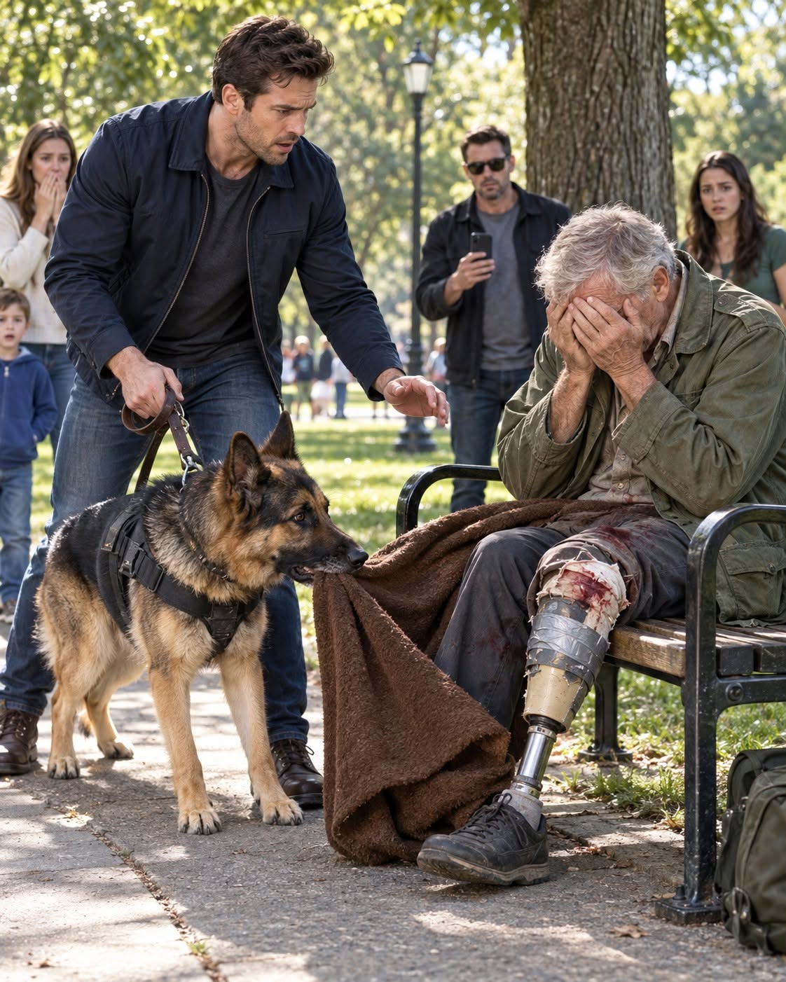 “Get that animal away from him!” a woman screamed as my retired police dog dragged me toward an elderly man sitting alone on a park bench. I had both hands locked around Max’s leash, but ninety pounds of German Shepherd kept pulling as strangers backed away and raised their phones. The old man should have been begging me to stop Max. Instead, he clutched a heavy brown blanket over his lap and whispered, “Please don’t let them see.”