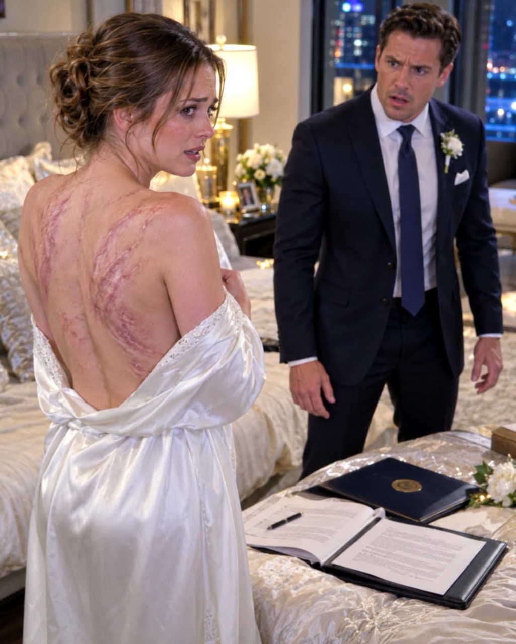 On our wedding night, my new husband saw what was under my robe—and went dead still.