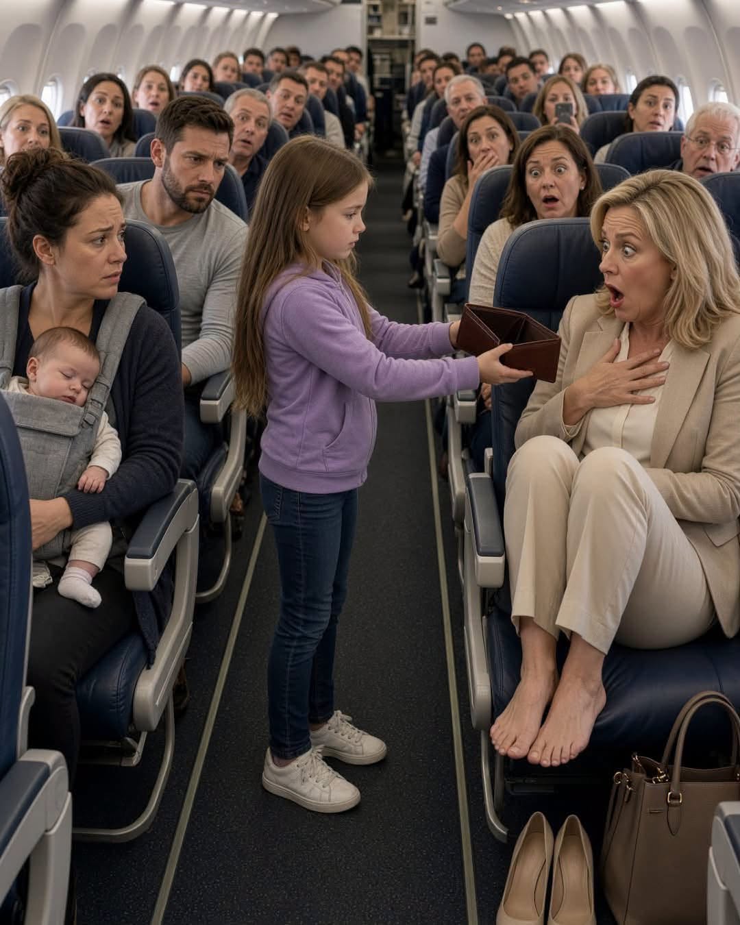 A stranger stole the airplane seat I'd paid extra to reserve and laughed when I asked her to move. I almost called a flight attendant—but my 10-year-old daughter squeezed my hand and whispered, "Don't." Ten minutes after takeoff, she stood up, said one sentence, and the entire cabin fell into a silence so complete you could hear people stop breathing.
