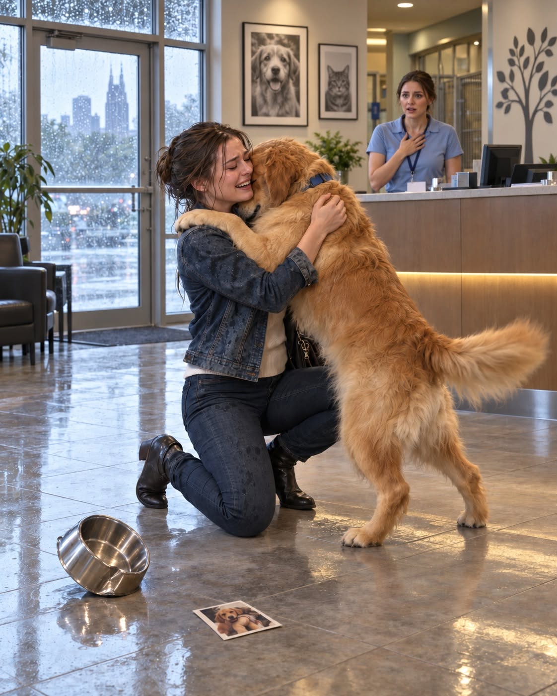 The sixty-third person Elliot tested dropped to her knees the moment she saw the dent in an old stainless-steel dog bowl. For nine weeks, that seven-year-old Golden Retriever had carried the same empty bowl to strangers who entered our Nashville shelter hoping to adopt him. Sixty-two people had tried to understand what he wanted, and every one of them had somehow failed. Then a rain-soaked woman touched the dent and whispered two words that made Elliot drop the bowl like he had been struck by lightning.