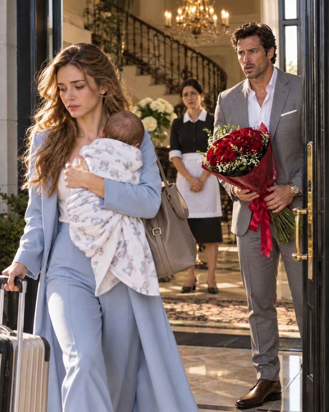 Fifteen days after I nearly bled to death giving birth to his son, my husband finally came home carrying two dozen red roses. He expected to find me upstairs recovering with our newborn. Instead, our nanny met him in the foyer and said, “Mr. Carter, your wife left four days ago.”