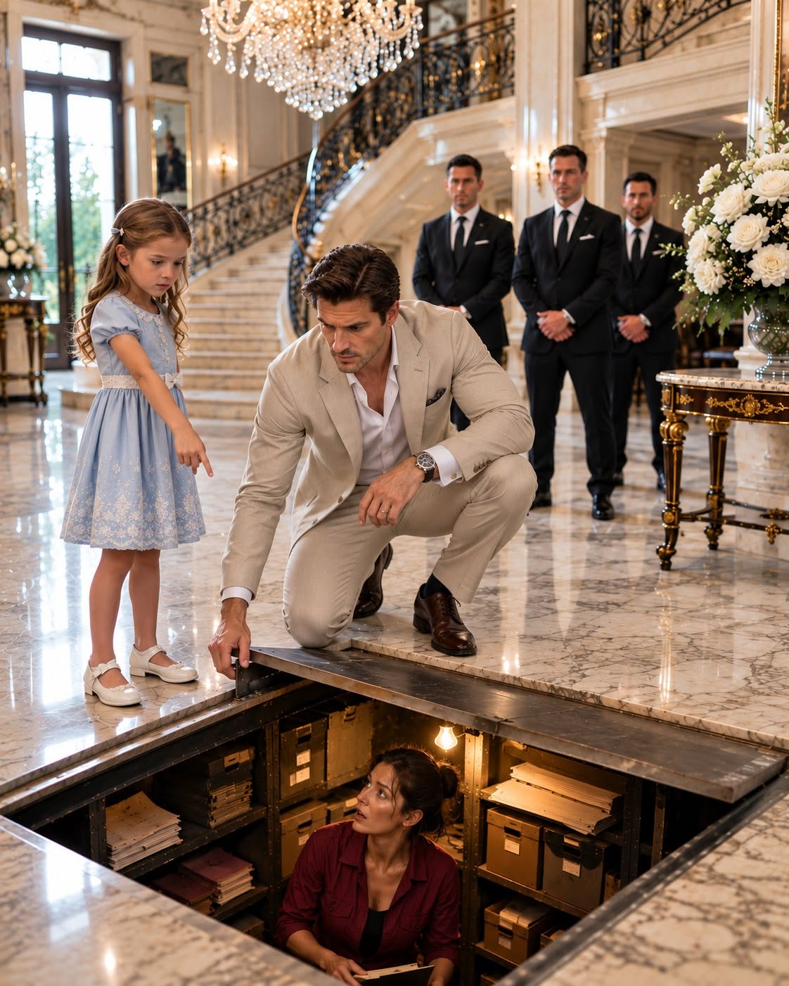 A little girl grabbed my coat outside my own mansion and whispered, “My mommy has been missing for three days.” I thought it had to be a misunderstanding—until she led me beneath my own home, where I uncovered a nightmare so unbelievable that every person I trusted instantly became a suspect.
