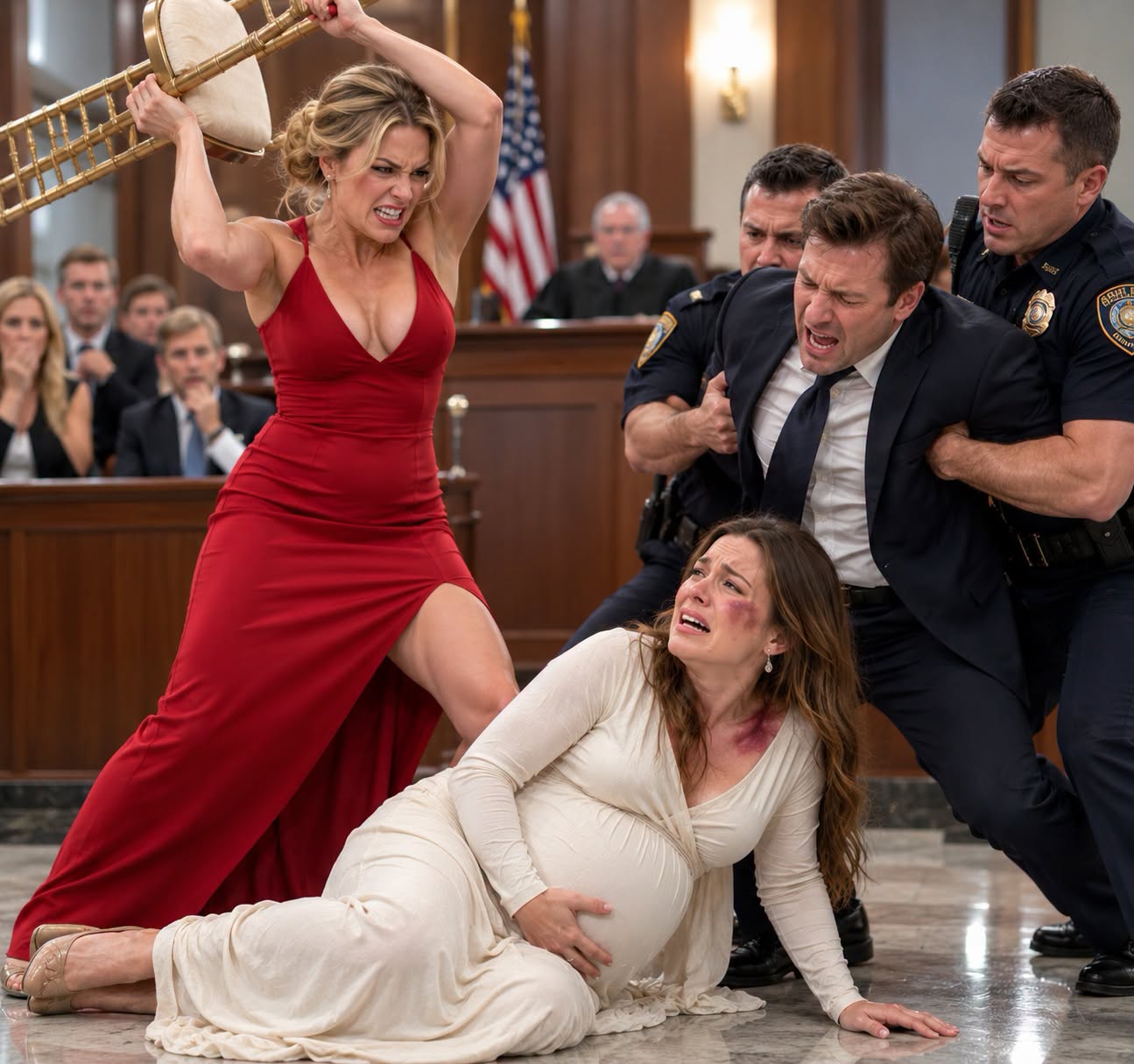 The moment my husband's mistress kicked me in the stomach outside the courtroom, he laughed and said, "She always overreacts." I clutched my pregnant belly, trying to stay calm as the police officer dragged them inside. Then the judge walked in, saw the bruise forming under my dress, and froze. "Who dared lay a hand on my daughter?" my father roared. By sunset, both were handcuffed – and I was the owner of everything he intended to steal.