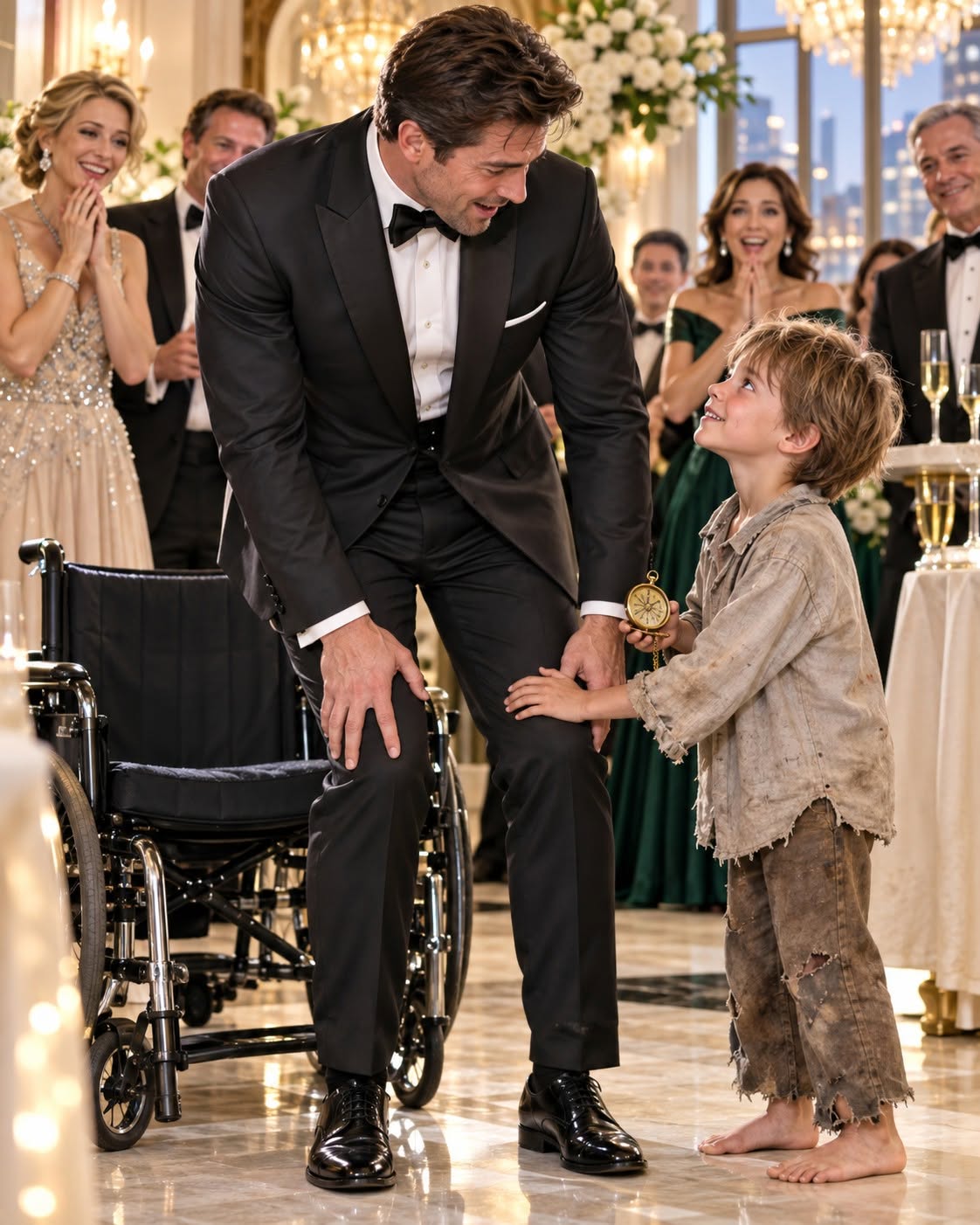 The barefoot little boy looked completely out of place among the diamonds, tuxedos, and champagne glasses surrounding me at one of Manhattan’s most exclusive galas. “Sir, can I heal your legs?” he whispered, and I nearly laughed until his bruised hands touched my knees, warmth exploded through a body I hadn’t felt in years, and the antique watch in his other hand revealed something even more impossible.