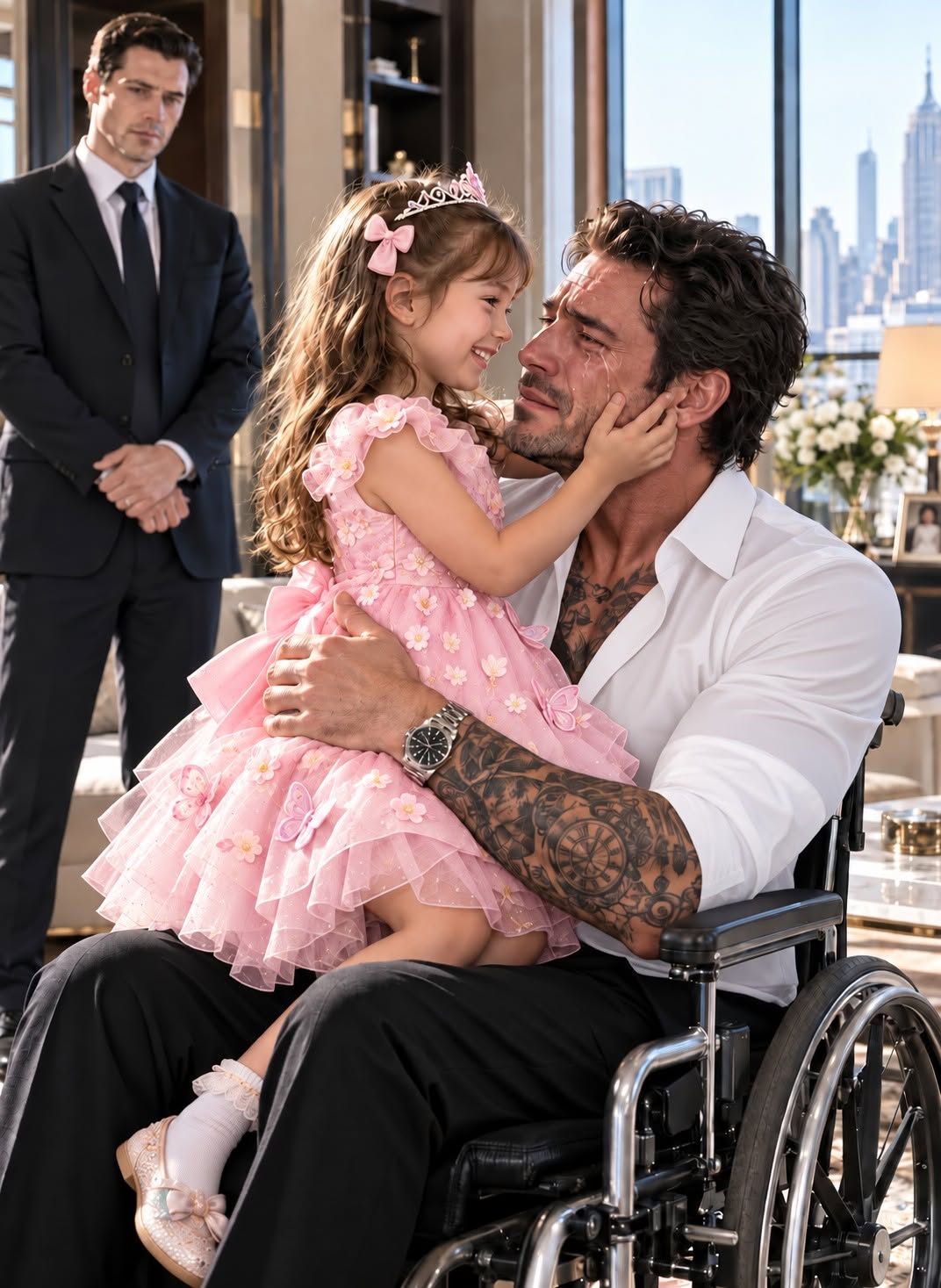 “Can you be my daughter for one day?” Adrian Moretti asked the three-year-old standing between the wheels of his wheelchair. The most feared crime boss in New York had survived bullets, betrayal, and the explosion that killed his wife and daughter, but when little Lily Carter climbed into his lap and whispered, “I don’t want to be your daughter for only one day,” he broke down in tears, unaware that the man slowly killing him was already inside his own house.