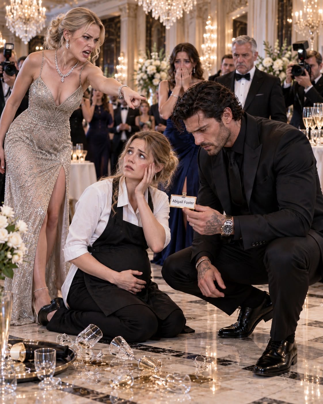 The billionaire heiress slapped me hard enough to send six champagne glasses crashing across the ballroom floor, then looked at my seven-month-pregnant stomach like I was the inconvenience. Seconds later, the most feared man in New York picked up my broken name tag, read “Abigail Foster,” and went so still that even the photographers lowered their cameras.