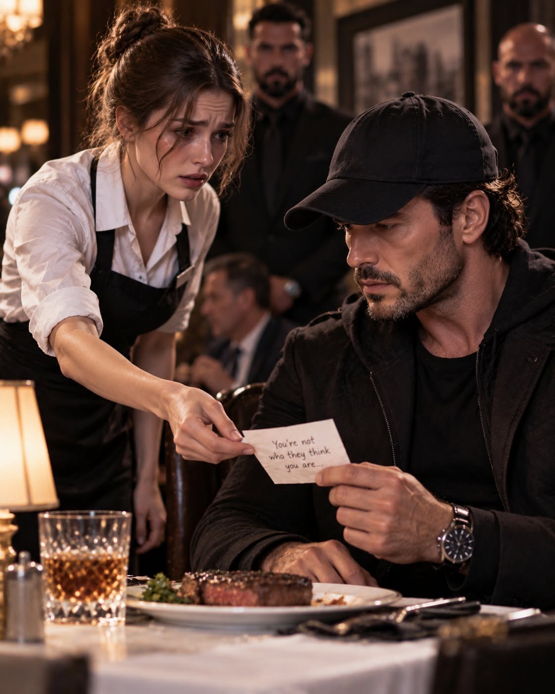 The restaurant owner thought he was serving a helpless stranger in a torn jacket—until a terrified waitress slipped him a secret note warning him not to eat his steak.