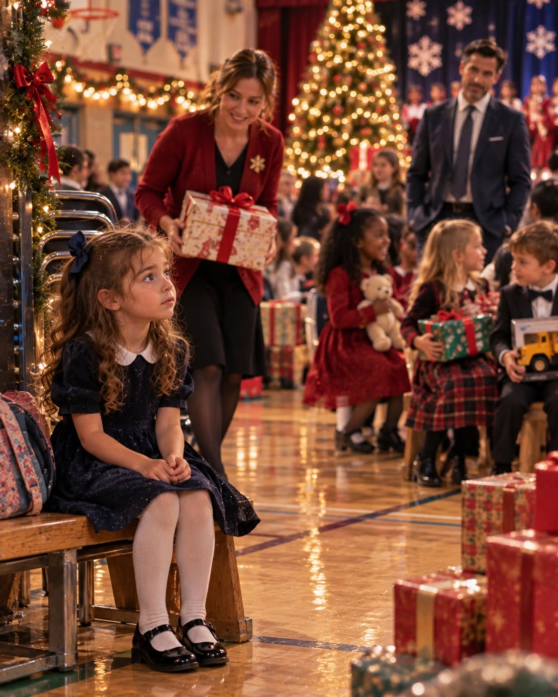 A BILLIONAIRE SAW A POOR LITTLE GIRL SITTING ALONE AT HER SCHOOL’S CHRISTMAS PARTY — THE REASON IS..